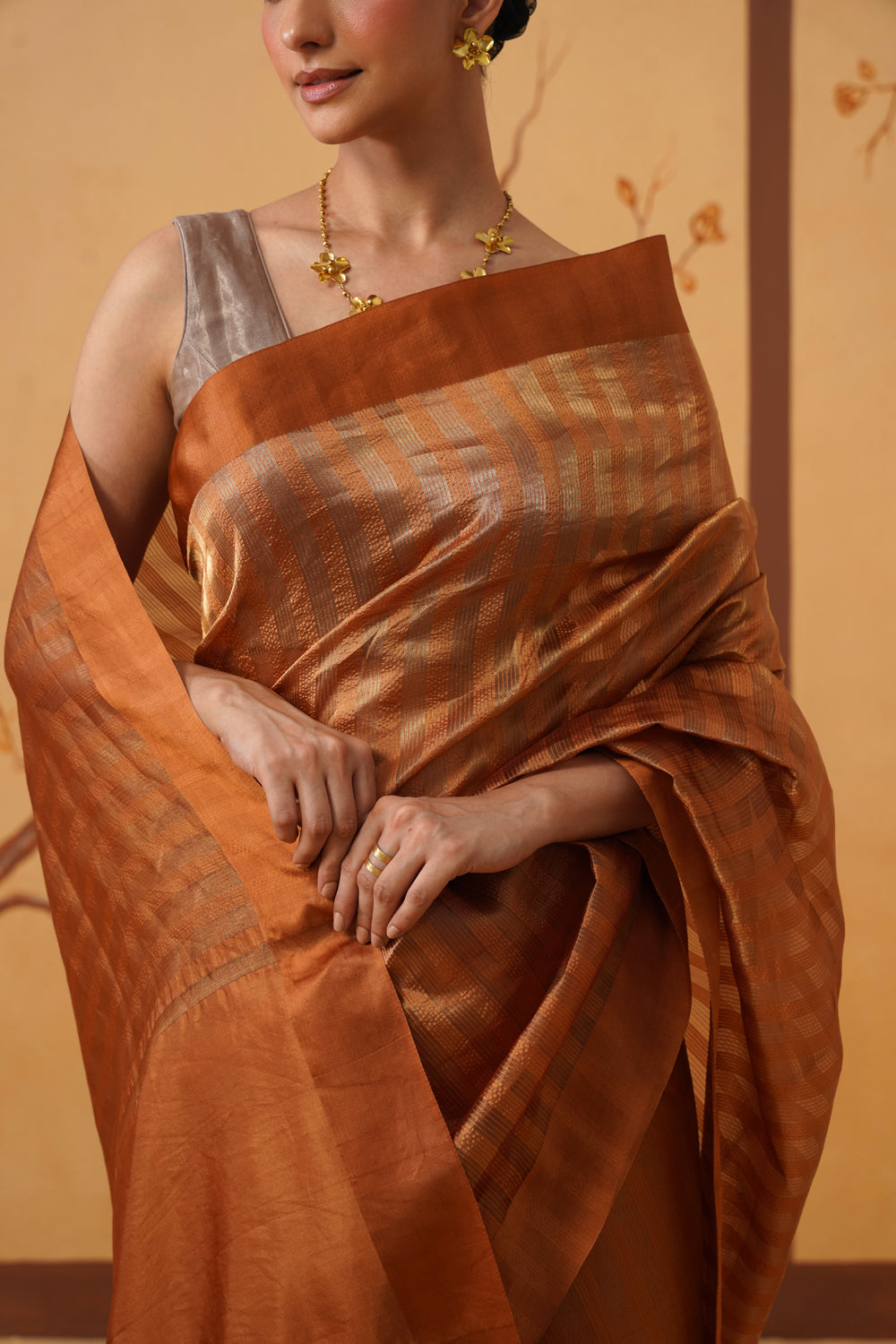 Handwoven Mustard Yellow Striped Katan-Tissue Silk Saree