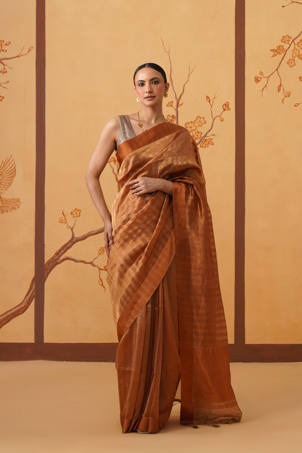 Handwoven Mustard Yellow Striped Katan-Tissue Silk Saree