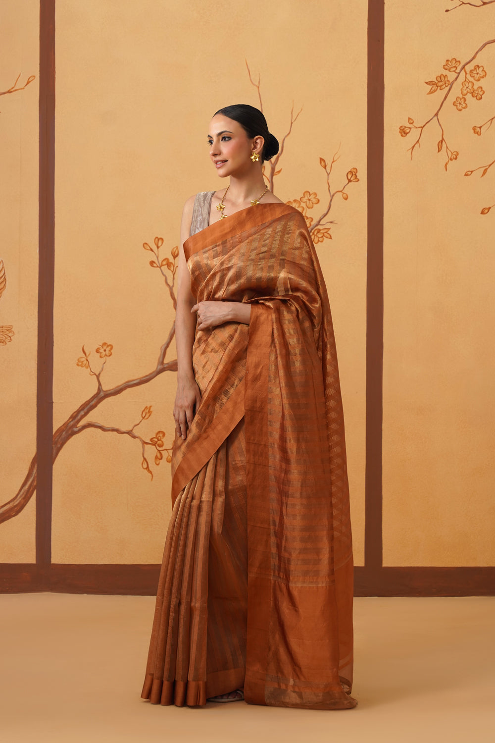 Handwoven Mustard Yellow Striped Katan-Tissue Silk Saree