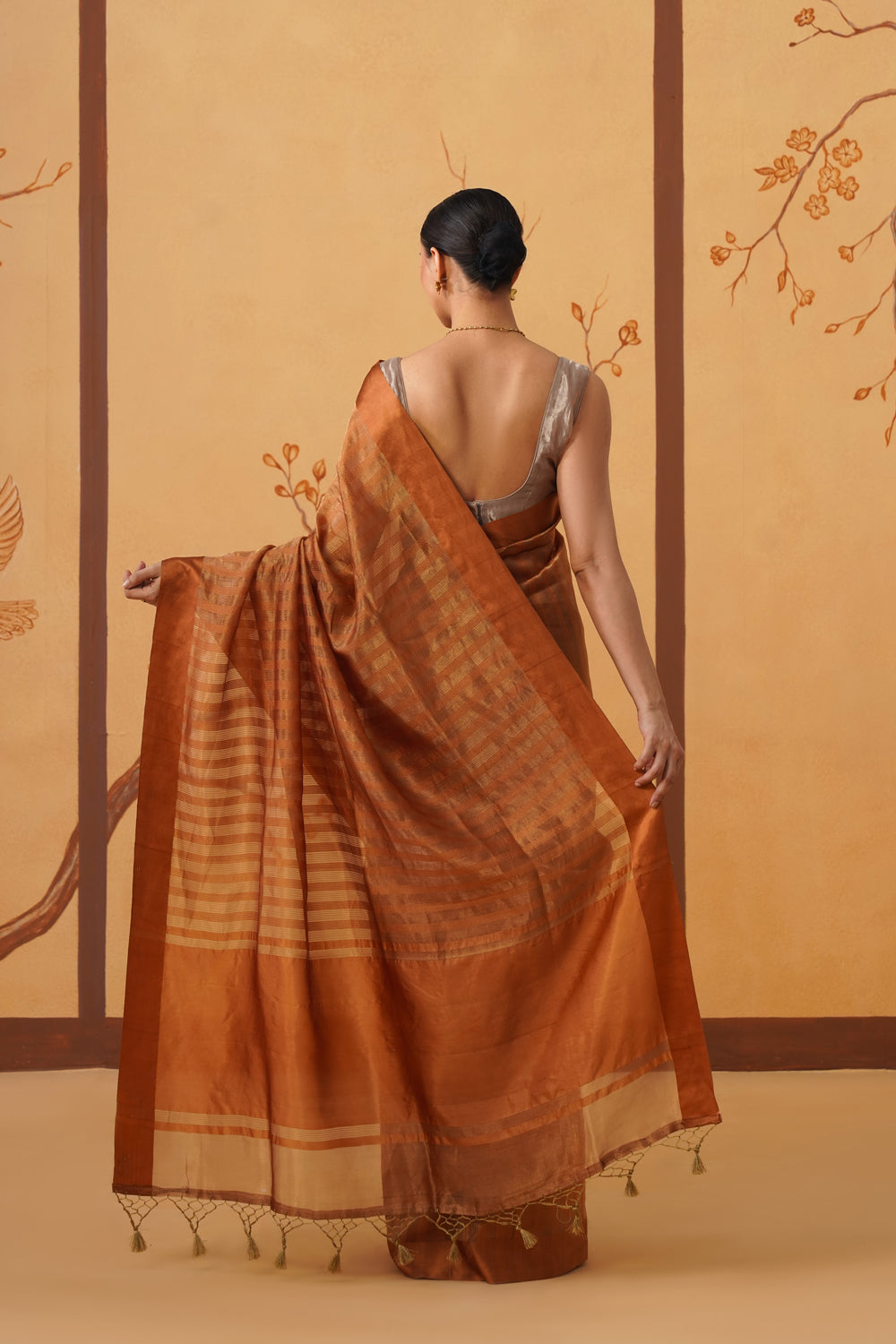 Handwoven Mustard Yellow Striped Katan-Tissue Silk Saree