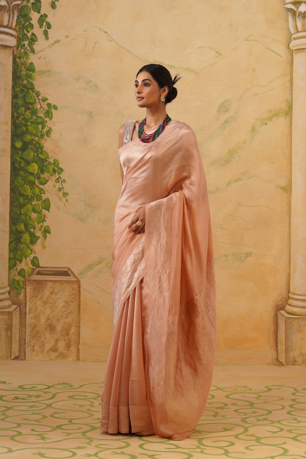 Handwoven Peach-Gold Tissue Katan Saree in Tanchoi Weave
