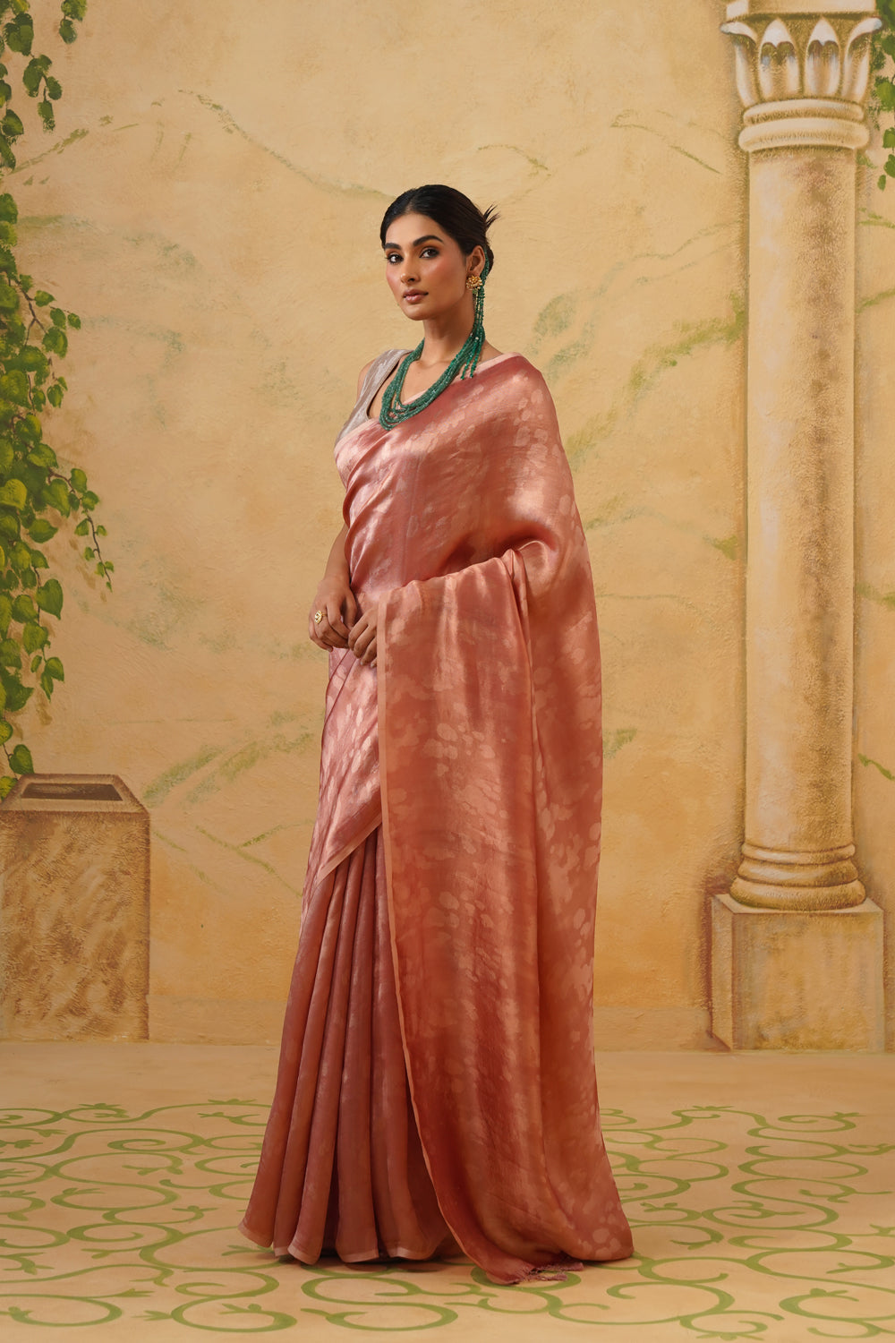 Handwoven Peach Katan Tissue Silk Saree in Tanchoi
