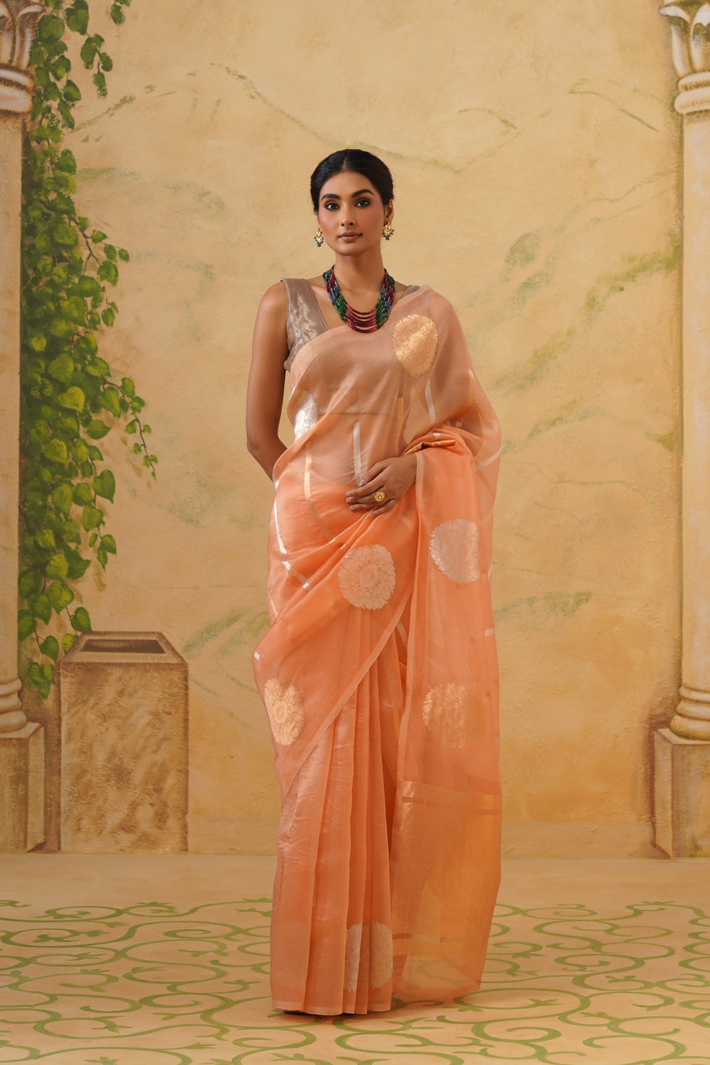 Handwoven Peach Kora Organza Saree with Bold Kadwa Butas