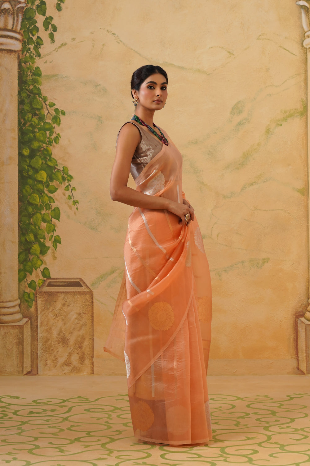Handwoven Peach Kora Organza Saree with Bold Kadwa Butas