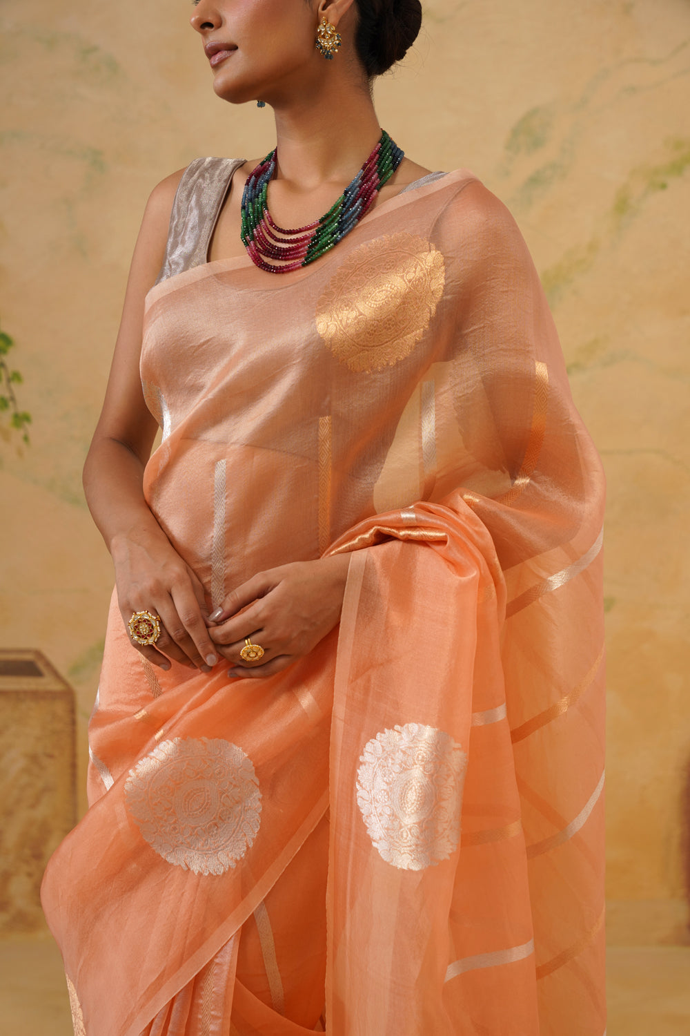 Handwoven Peach Kora Organza Saree with Bold Kadwa Butas