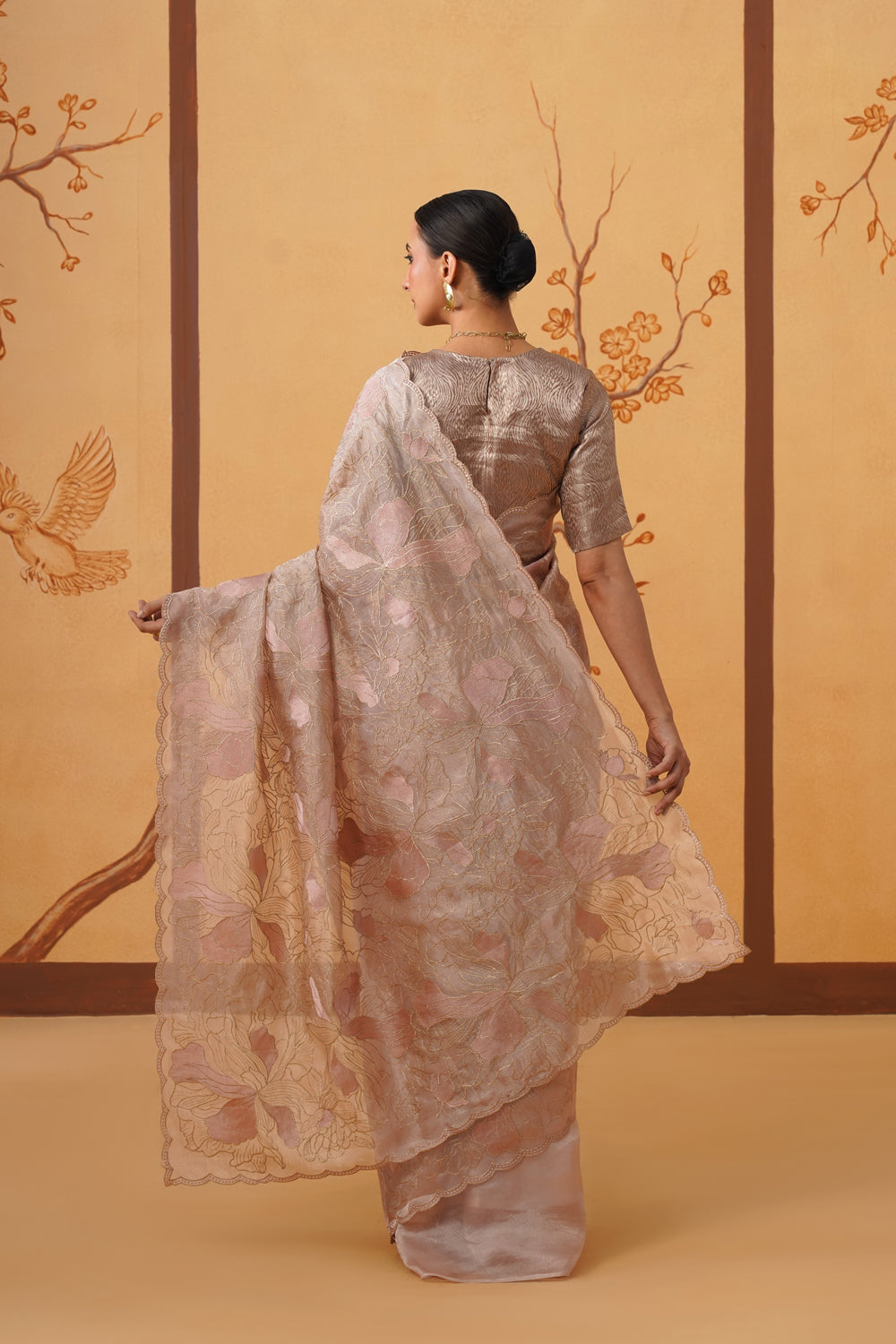 Handwoven Pink-Gold Tissue Saree with Appliqué & Embroidery