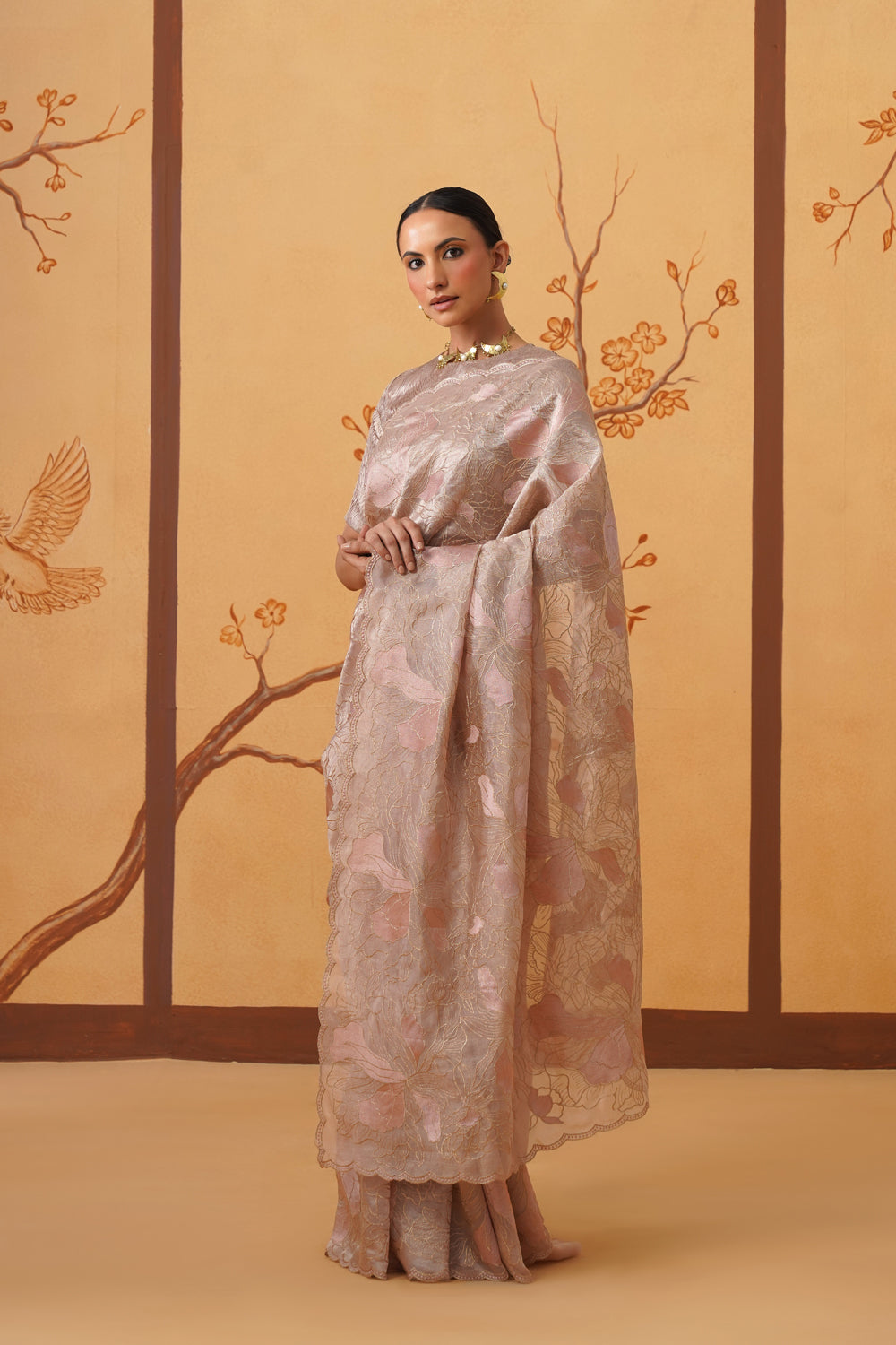 Handwoven Pink-Gold Tissue Saree with Appliqué & Embroidery