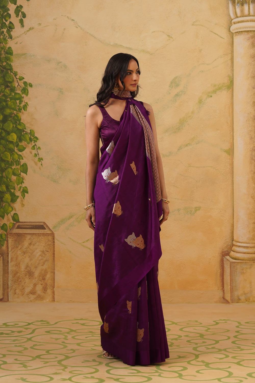 Handwoven Purple Katan Silk Saree with Whimsical Animal Motifs