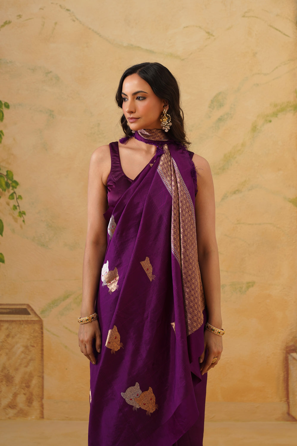 Handwoven Purple Katan Silk Saree with Whimsical Animal Motifs