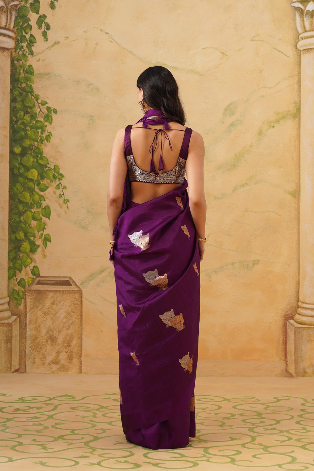 Handwoven Purple Katan Silk Saree with Whimsical Animal Motifs