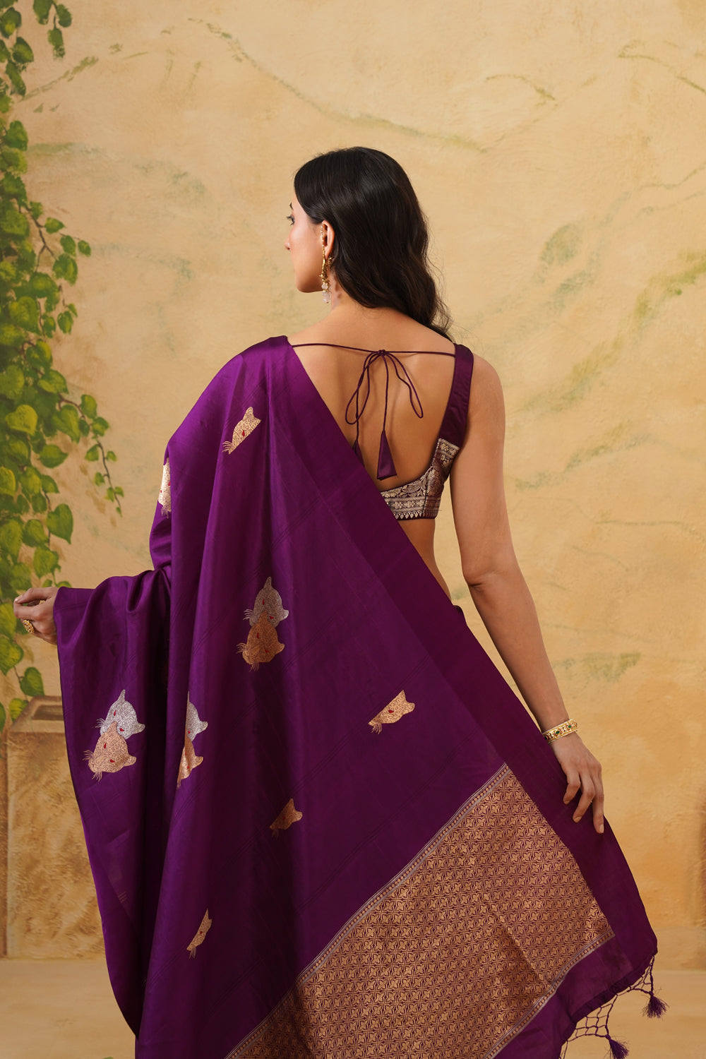 Handwoven Purple Katan Silk Saree with Whimsical Animal Motifs