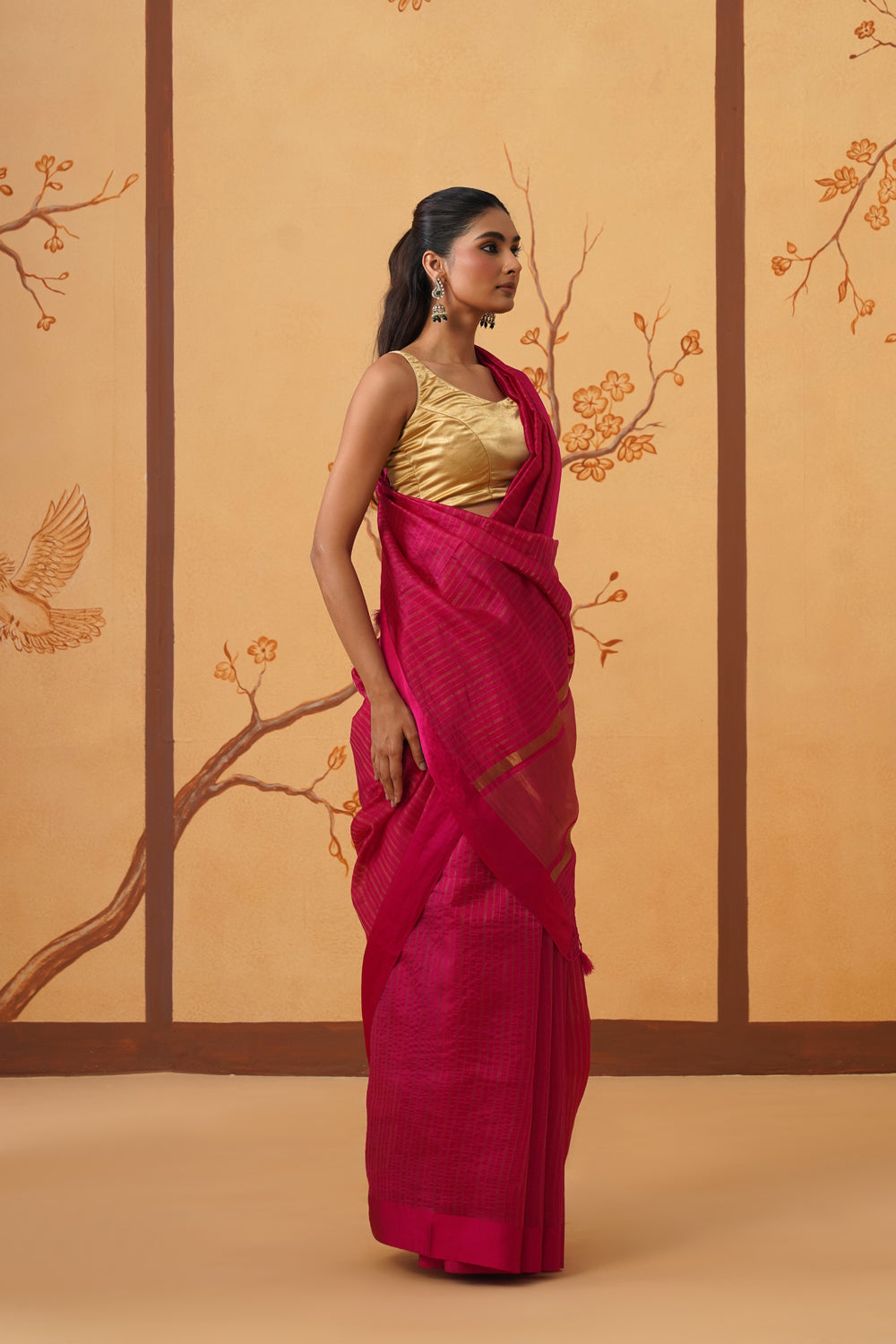 Handwoven Rani Pink Katan Silk Saree with All-Over Stripes