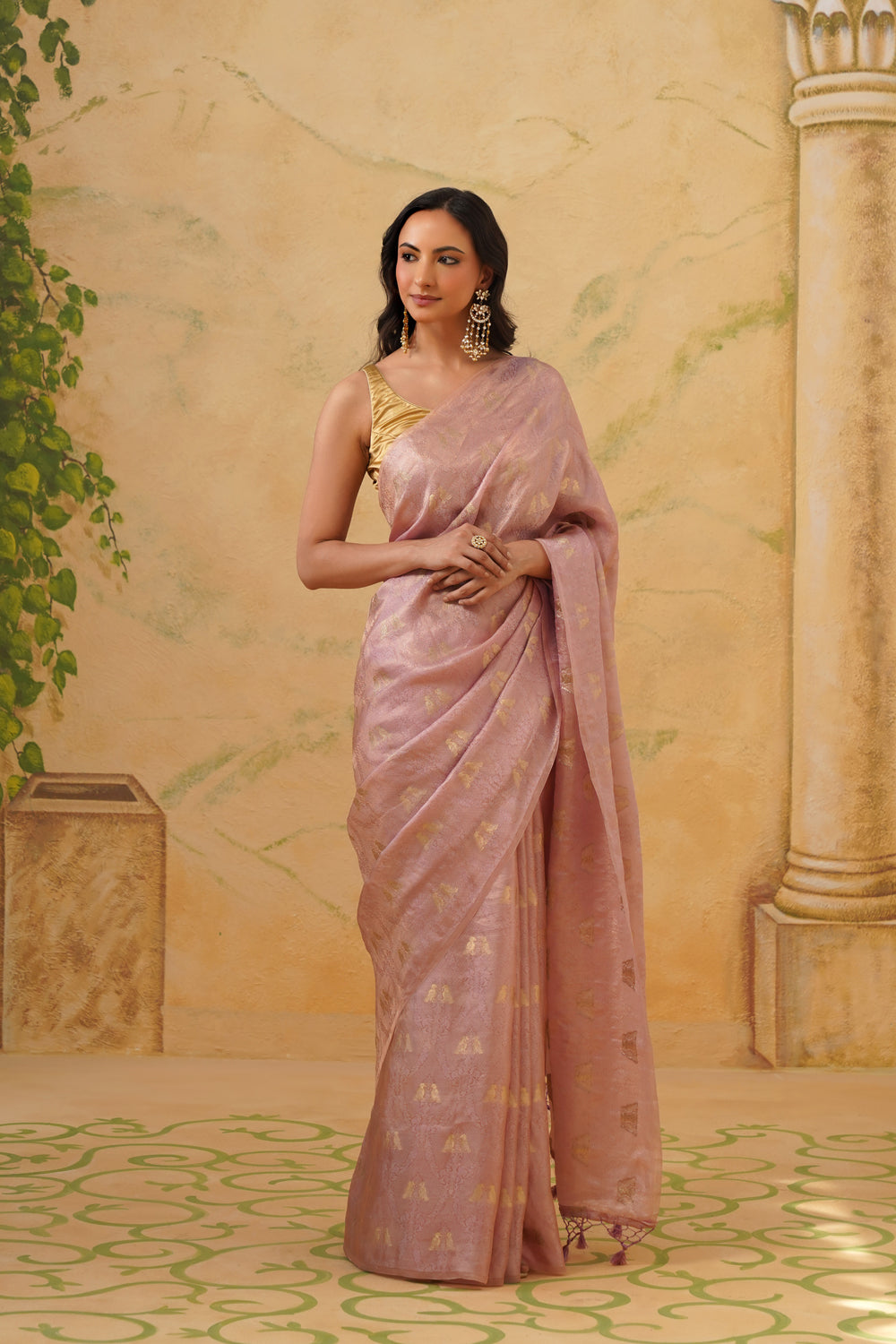 Handwoven Rose Gold Tissue Tanchoi Saree