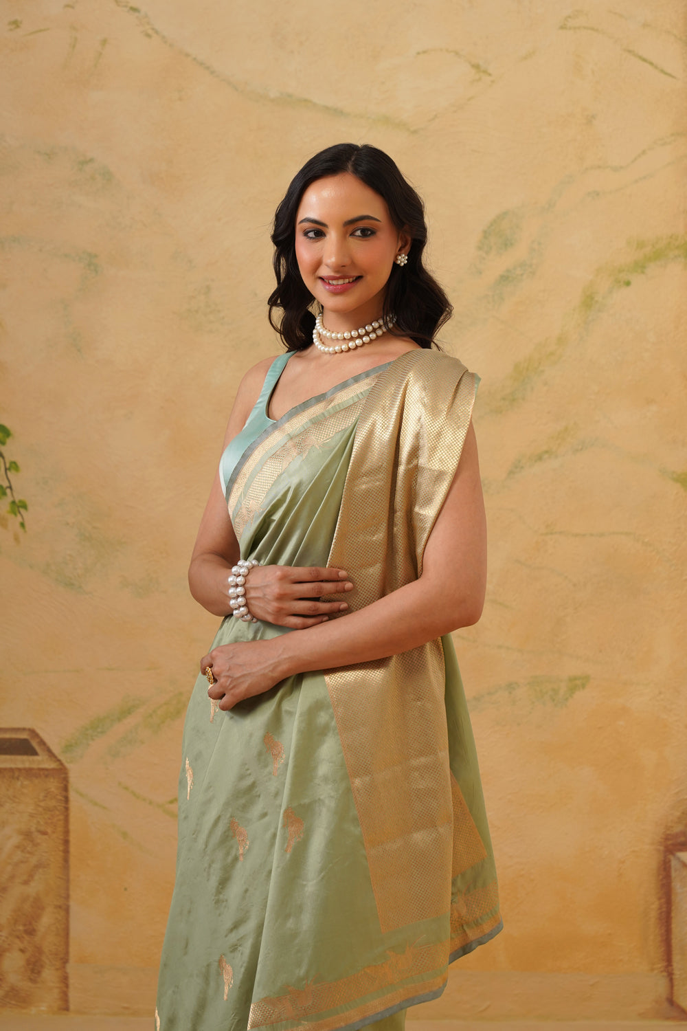 Handwoven Sage Green Katan Silk Saree with Bird Motifs
