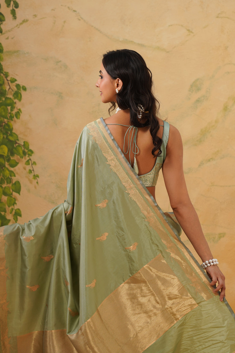 Handwoven Sage Green Katan Silk Saree with Bird Motifs