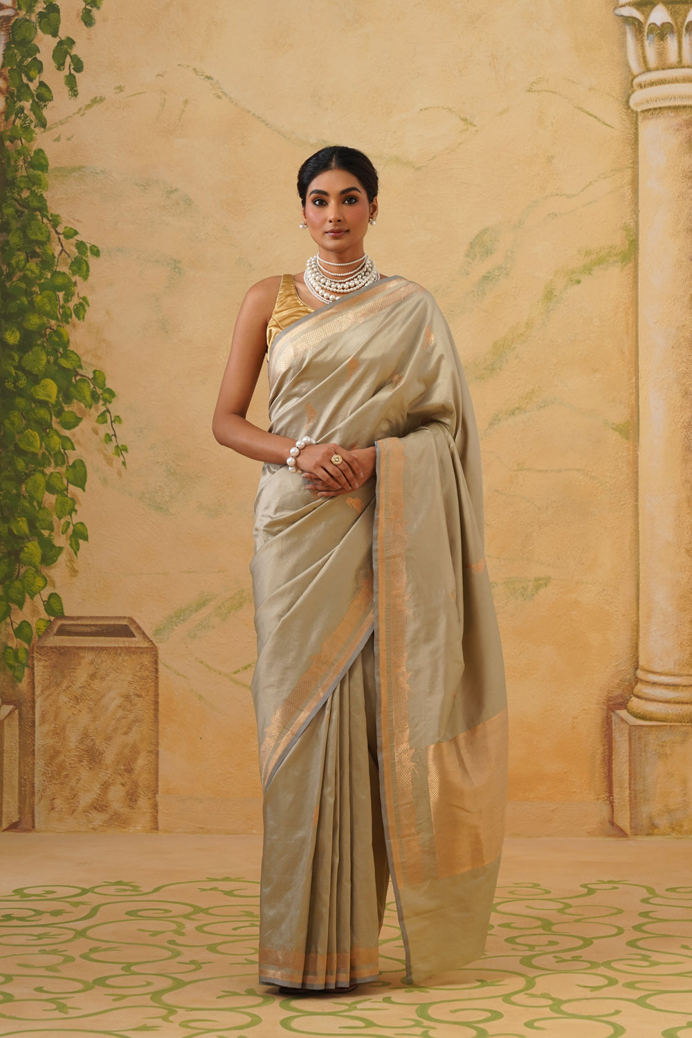 Handwoven Sage Grey Katan Silk Saree with Bird Motifs