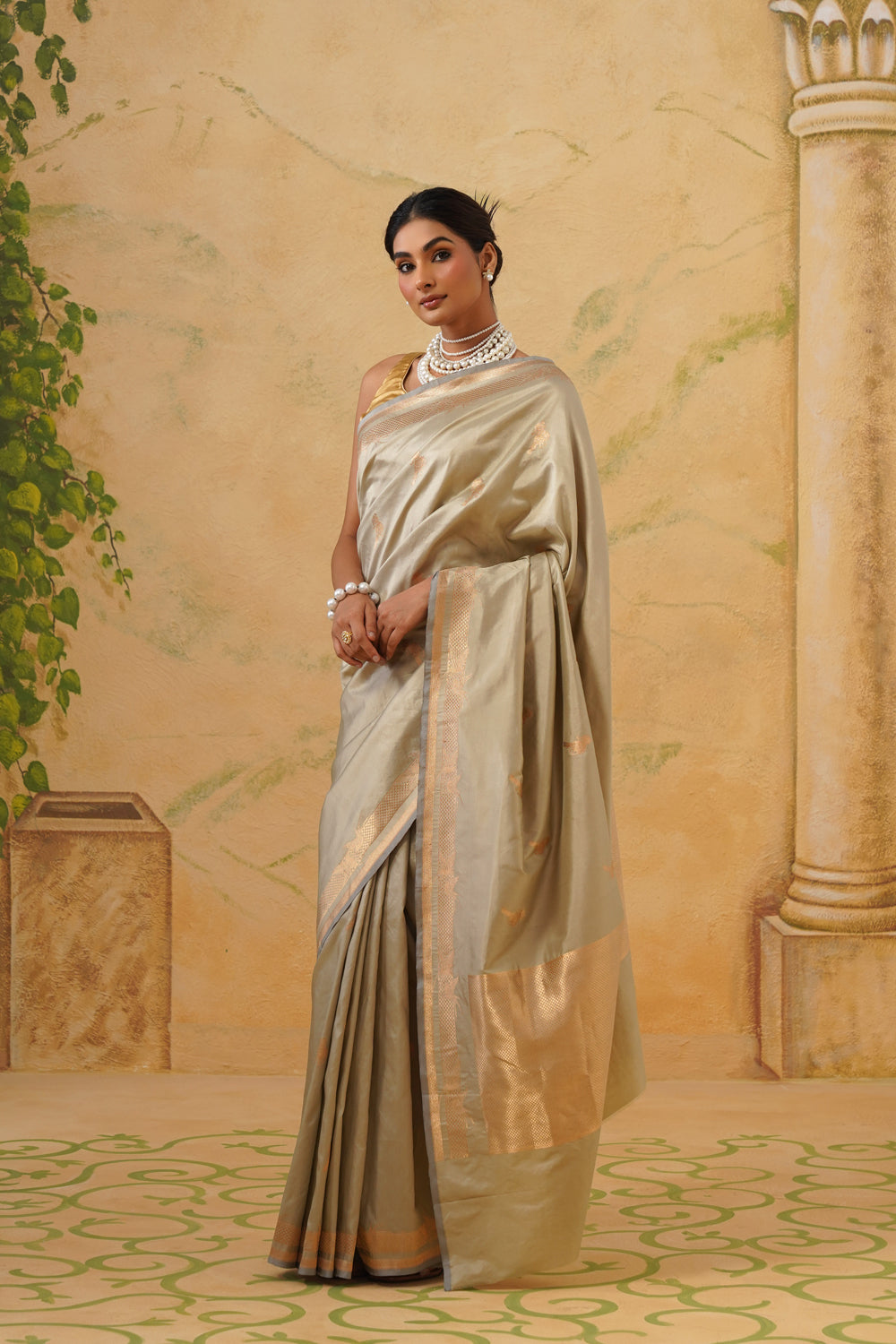 Handwoven Sage Grey Katan Silk Saree with Bird Motifs