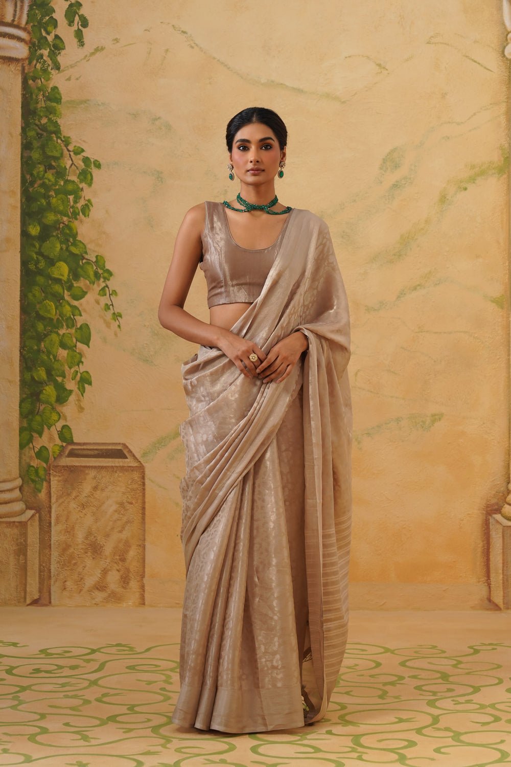 Handwoven Silver-Beige Katan Tissue Silk Saree in Tanchoi