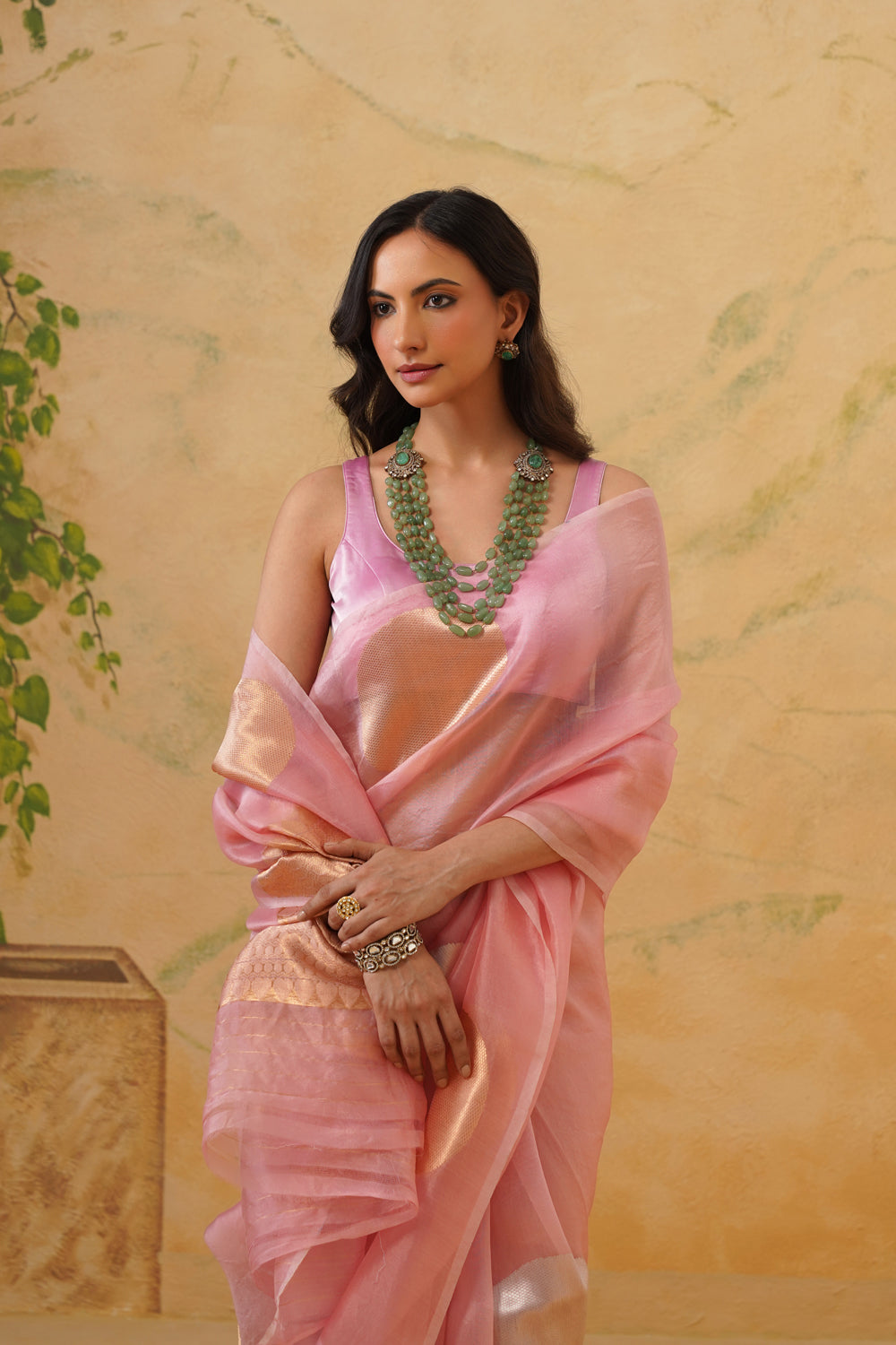 Handwoven Soft Pink Kora Organza Saree with Bold Gold Butas