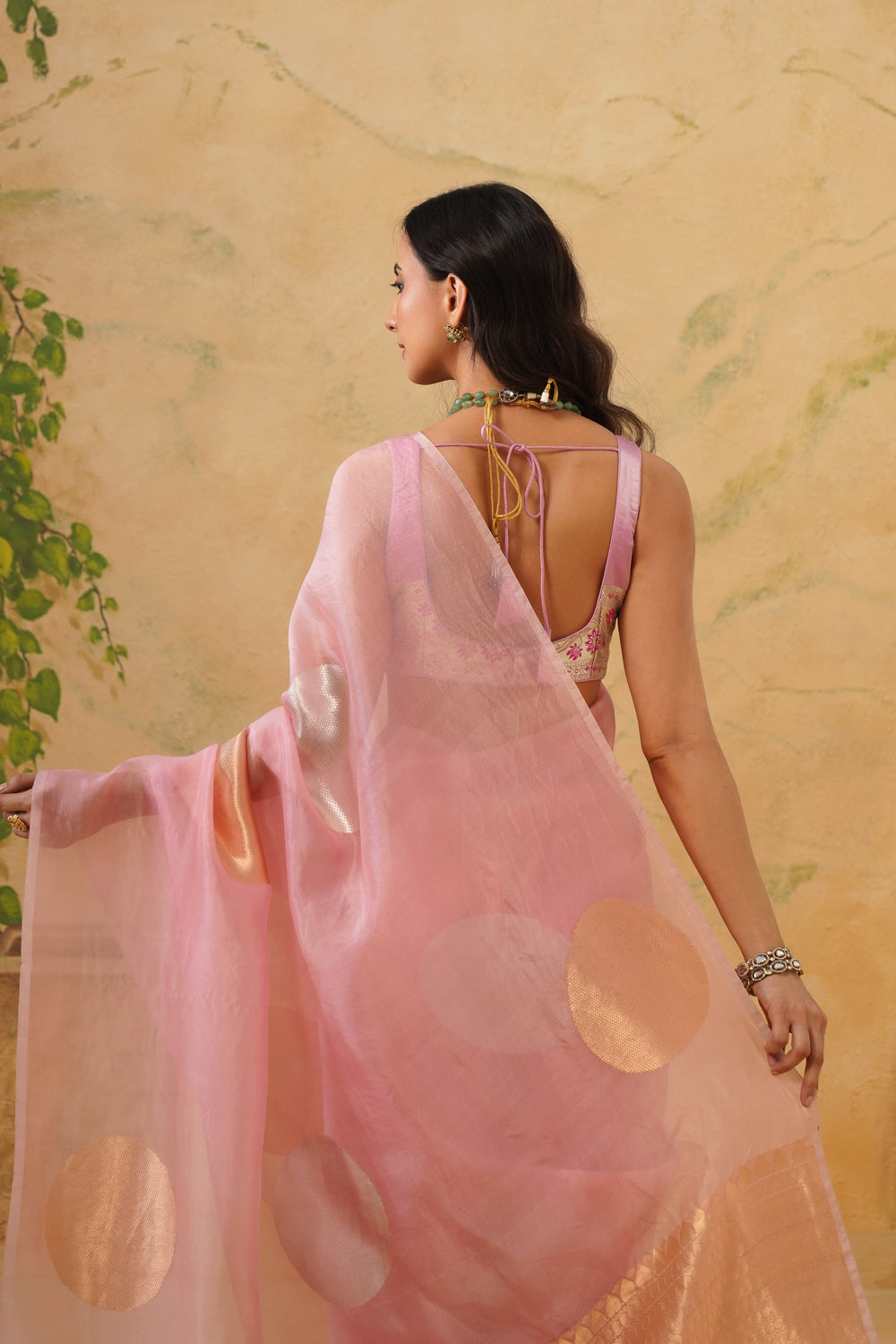 Handwoven Soft Pink Kora Organza Saree with Bold Gold Butas