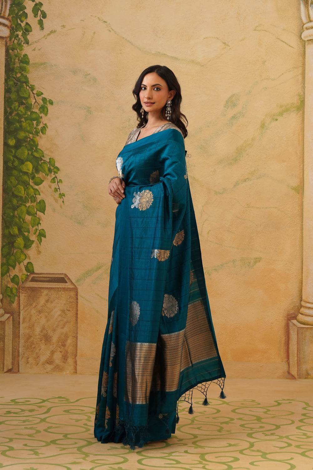 Handwoven Teal Blue Katan Silk Saree with Floral Butas