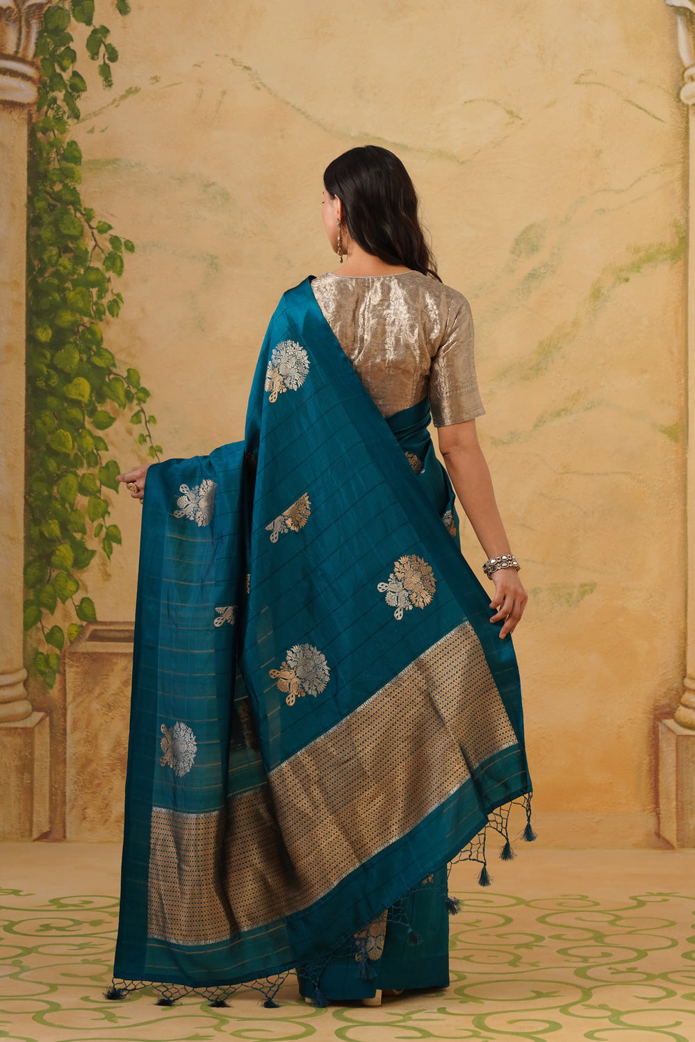 Handwoven Teal Blue Katan Silk Saree with Floral Butas