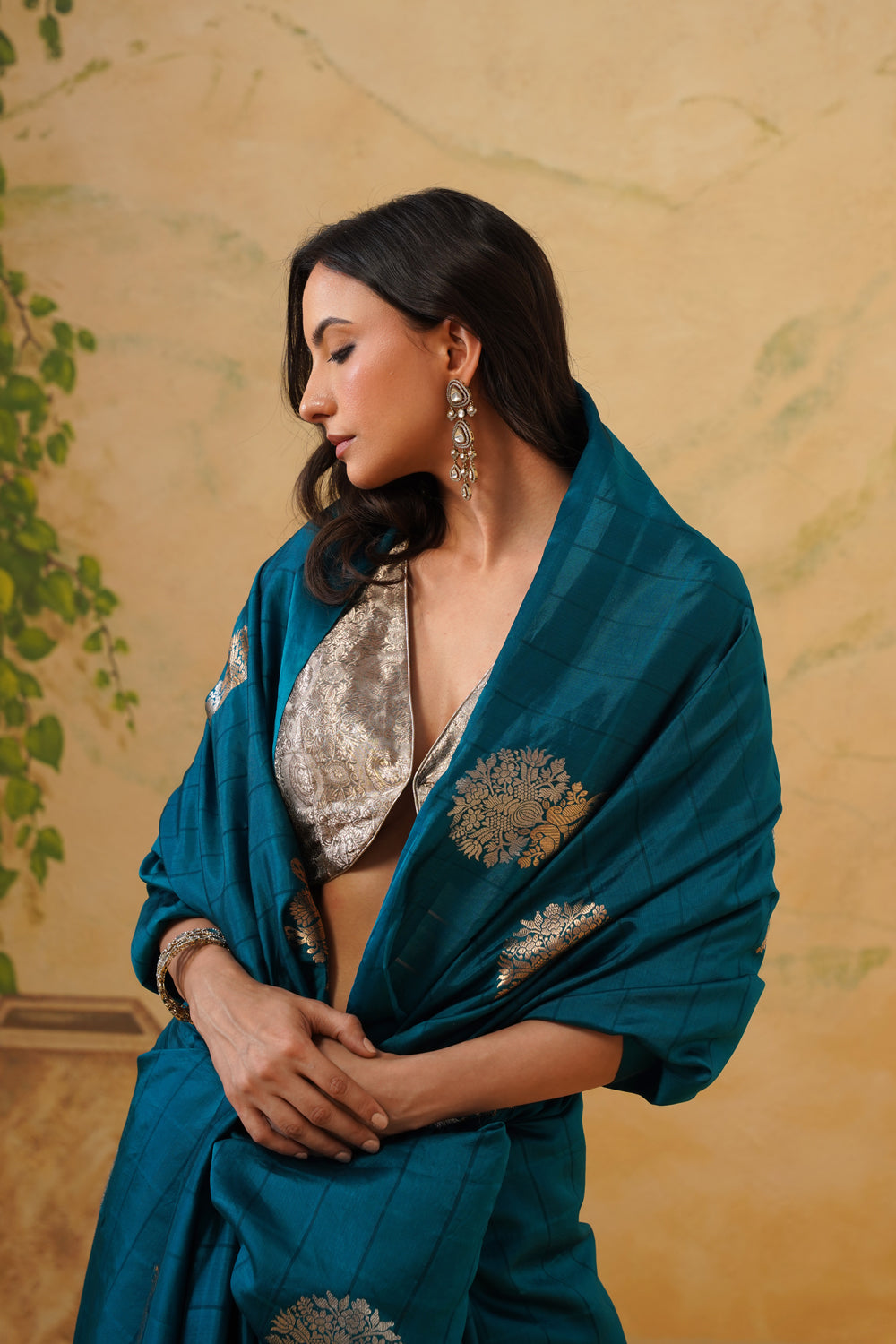 Handwoven Teal Blue Katan Silk Saree with Floral Butas
