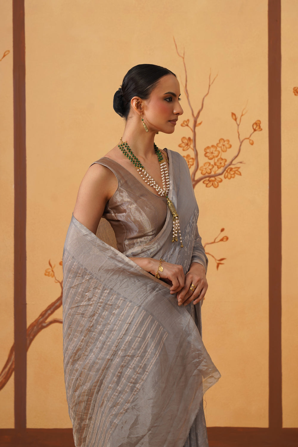 Handwoven Tissue Katan Saree in Silver Mist
