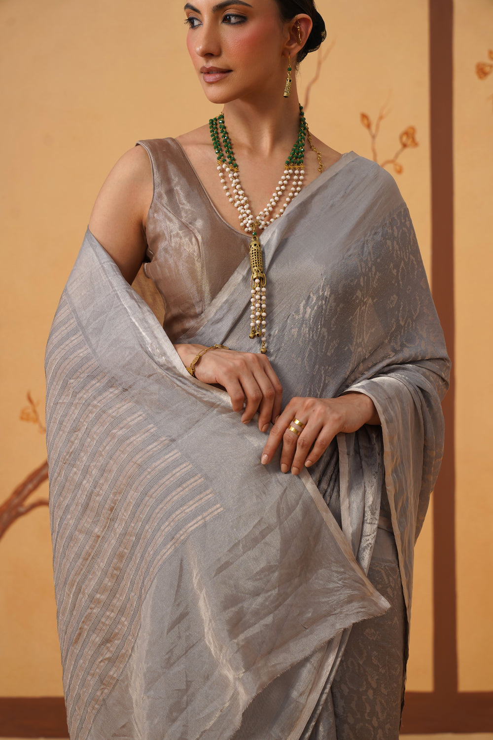 Handwoven Tissue Katan Saree in Silver Mist