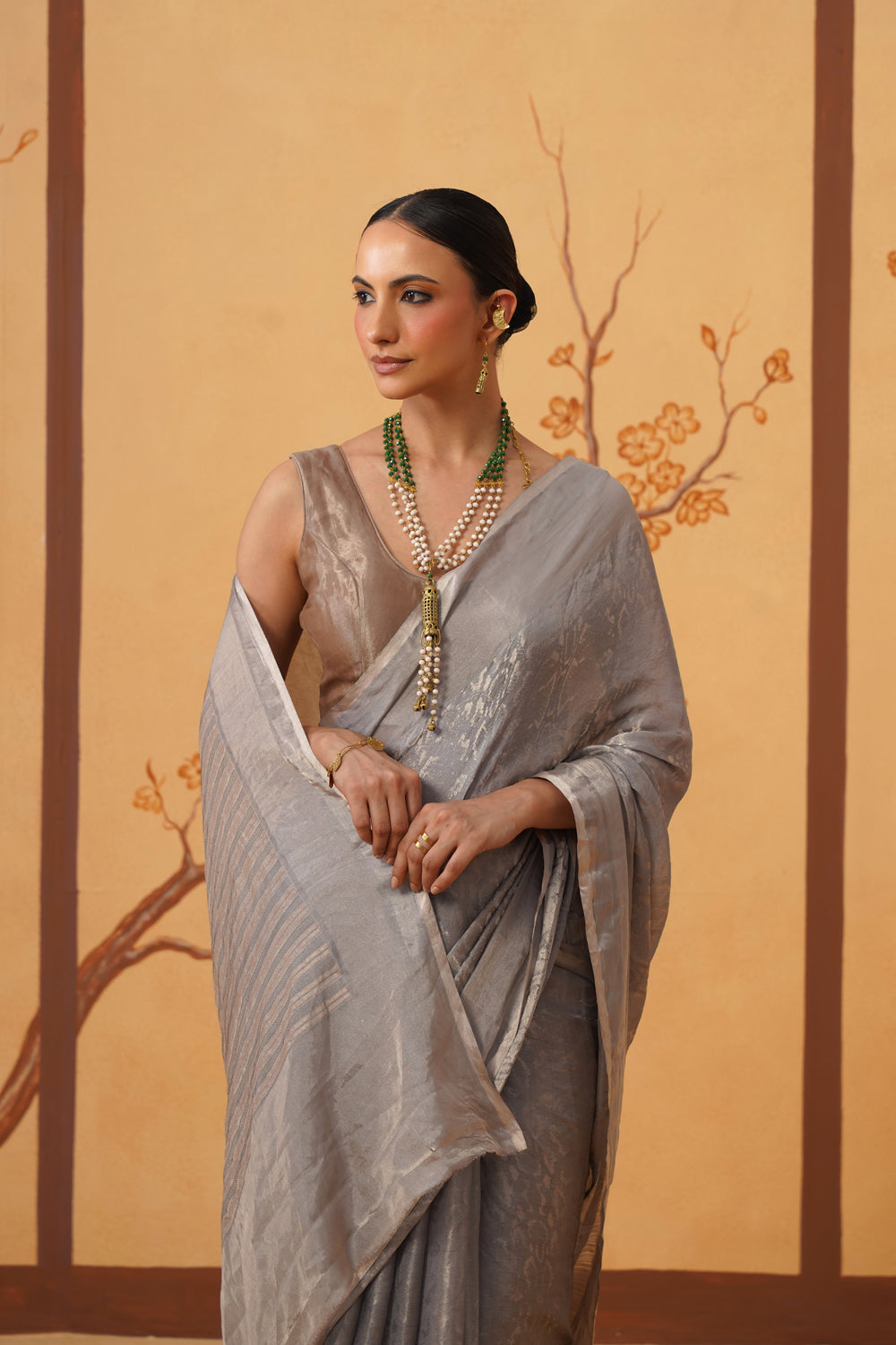 Handwoven Tissue Katan Saree in Silver Mist