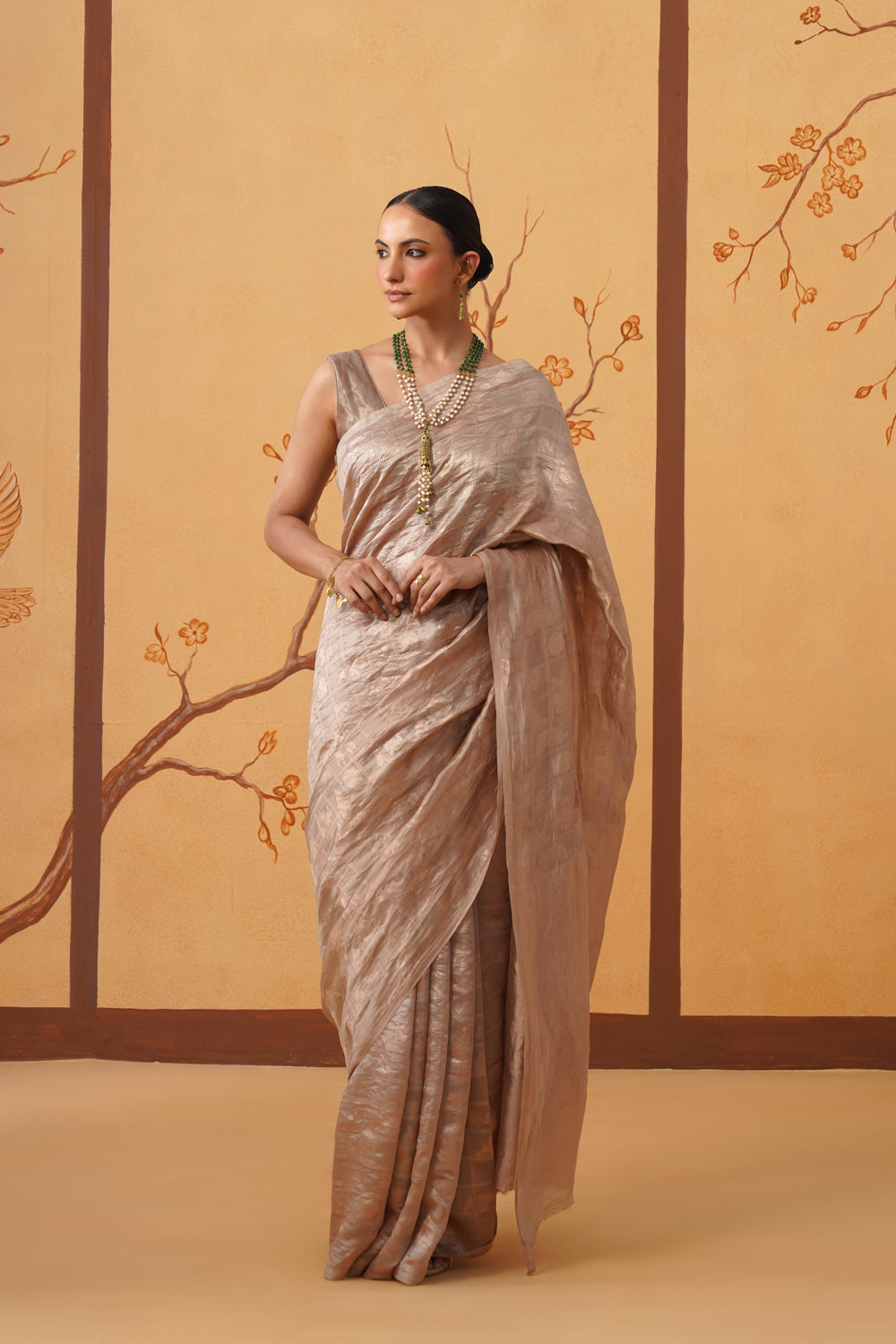 Handwoven Tissue Katan Shikargah Saree in Golden Menagerie