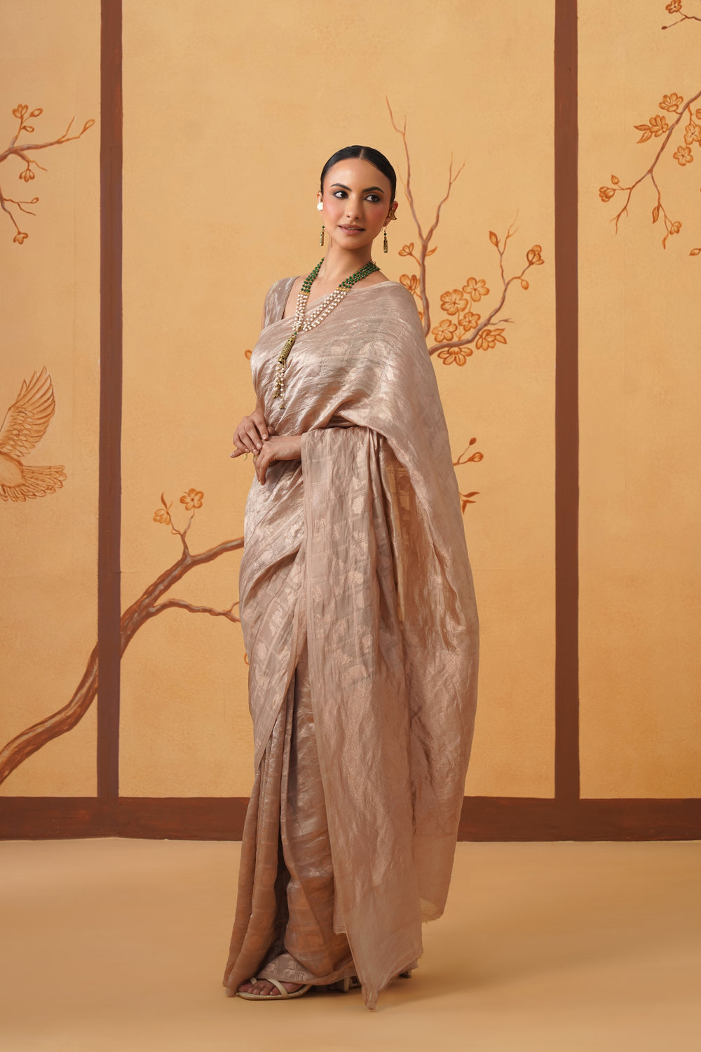 Handwoven Tissue Katan Shikargah Saree in Golden Menagerie