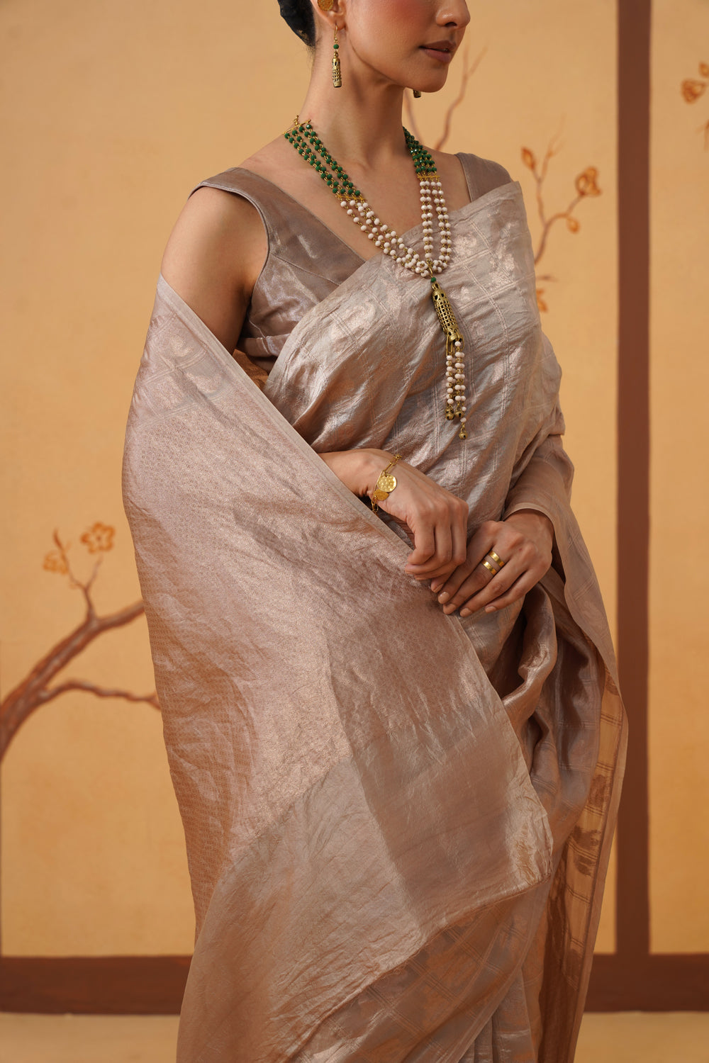 Handwoven Tissue Katan Shikargah Saree in Golden Menagerie