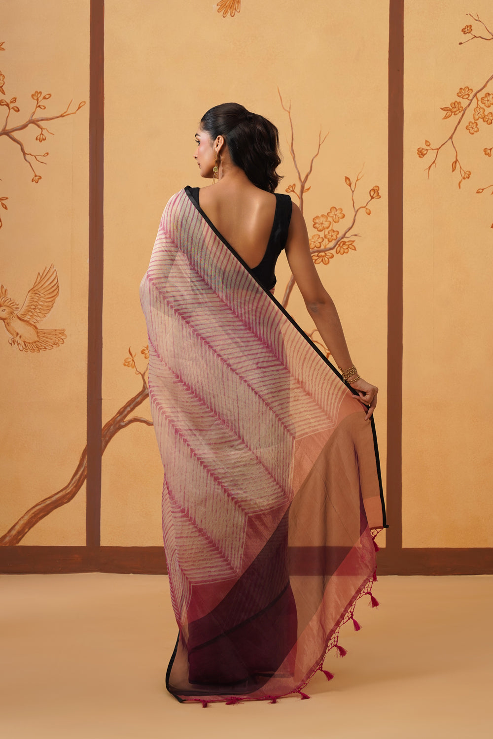 Handwoven Tissue Saree with Graphic Chevron Stripes & Contrast Border