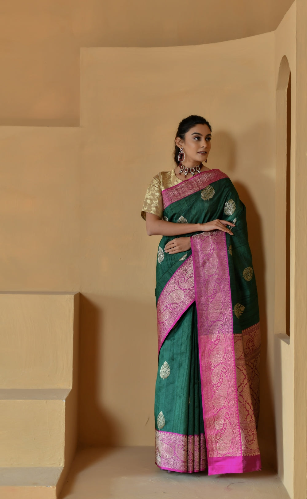 Handwoven Tussar Silk in Deep Green with Bootas-Banarasiya