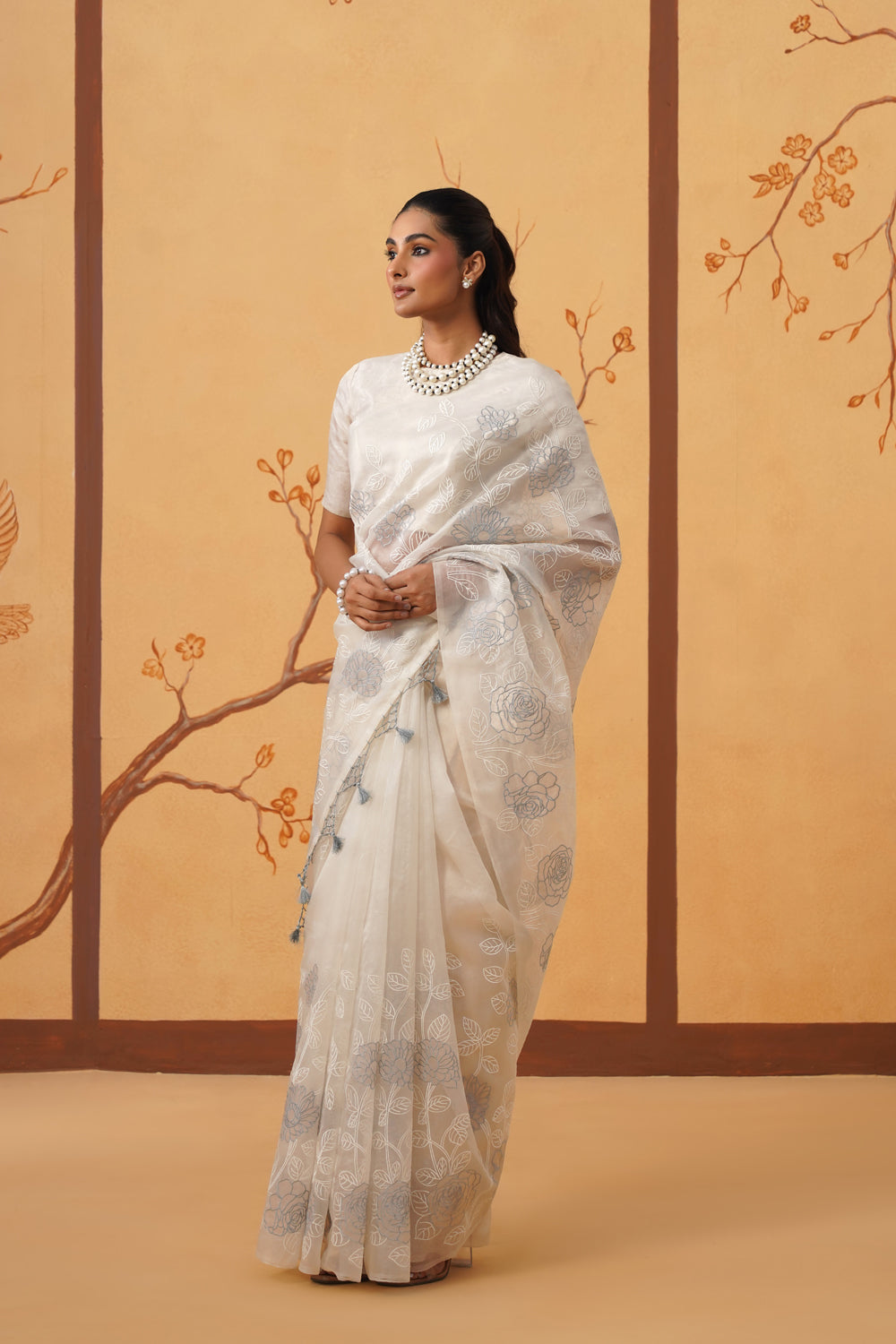 Kora Organza Saree in Moonlit Ivory with Floral Embroidery & Appliqué