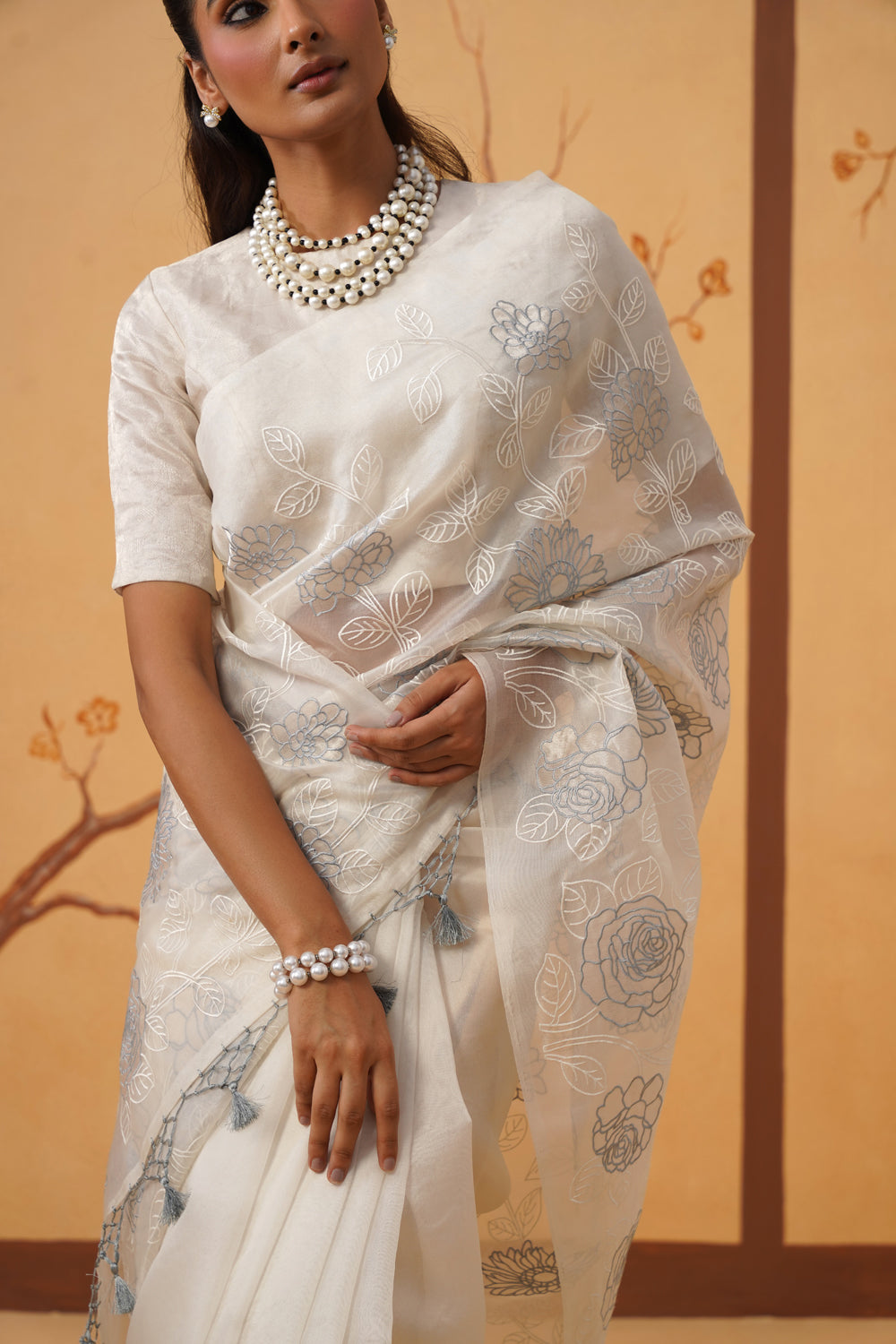 Kora Organza Saree in Moonlit Ivory with Floral Embroidery & Appliqué