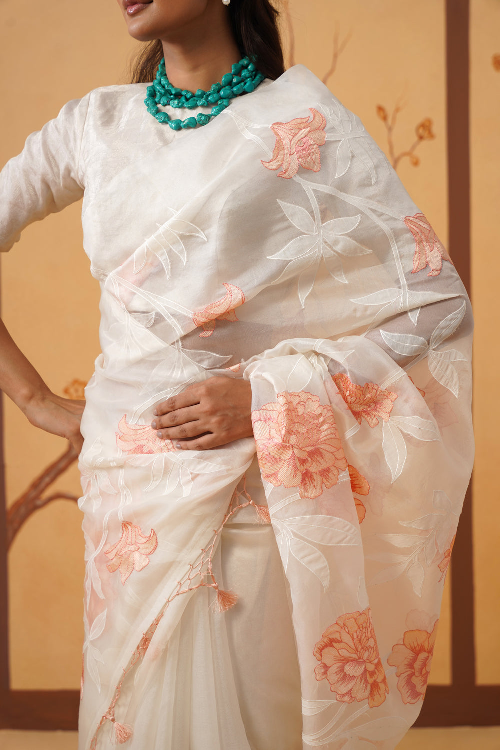 Kora Organza Saree in Peach Blossom with Floral Embroidery & Applique