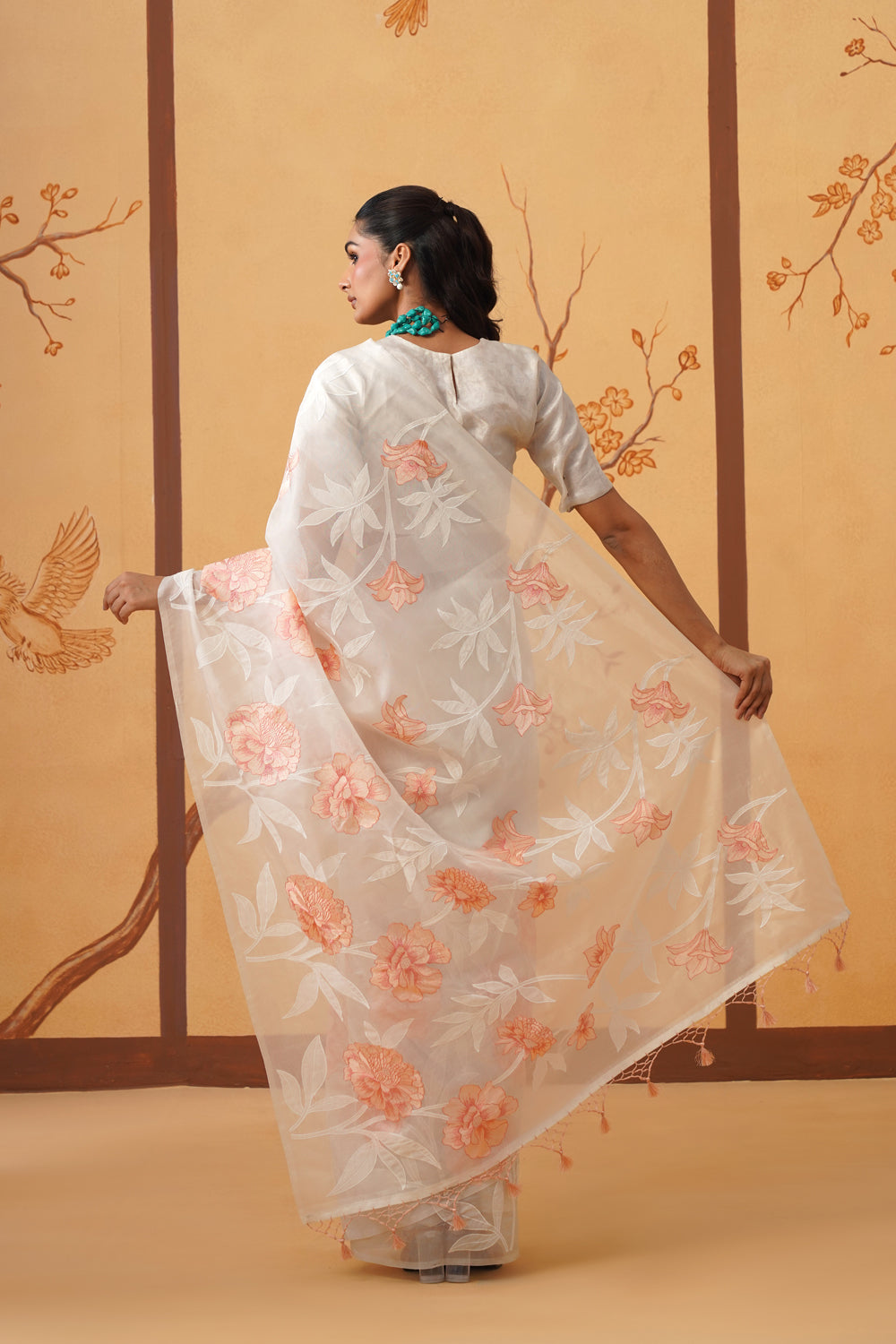 Kora Organza Saree in Peach Blossom with Floral Embroidery & Applique
