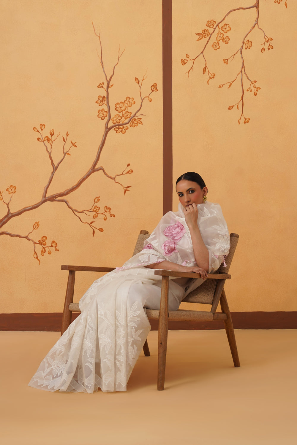 Kora Organza Saree in Pearl White with Floral Embroidery & Appliqué