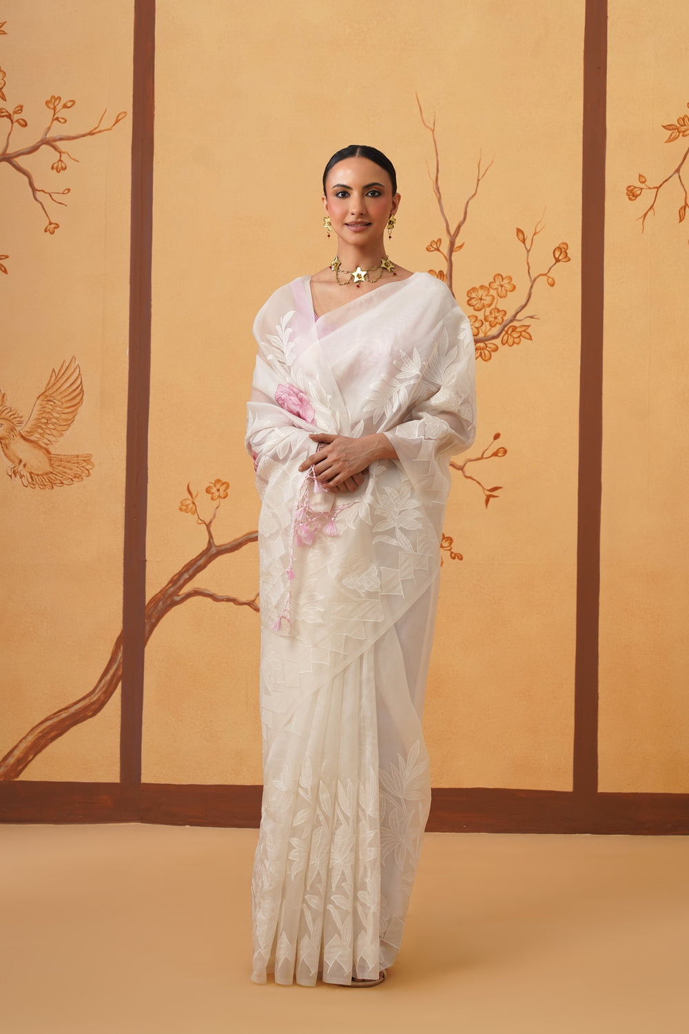 Kora Organza Saree in Pearl White with Floral Embroidery & Appliqué