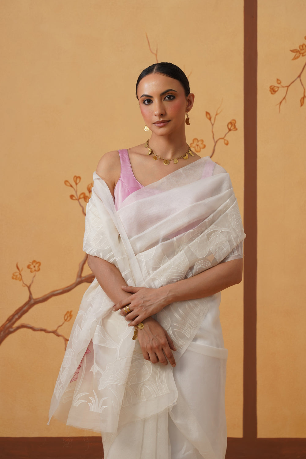 Kora Organza Saree in Pearl White with Pink Floral Embroidery & Appliqué