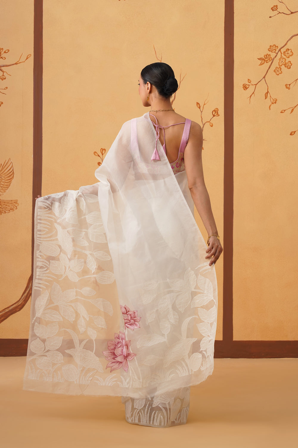 Kora Organza Saree in Pearl White with Pink Floral Embroidery & Appliqué