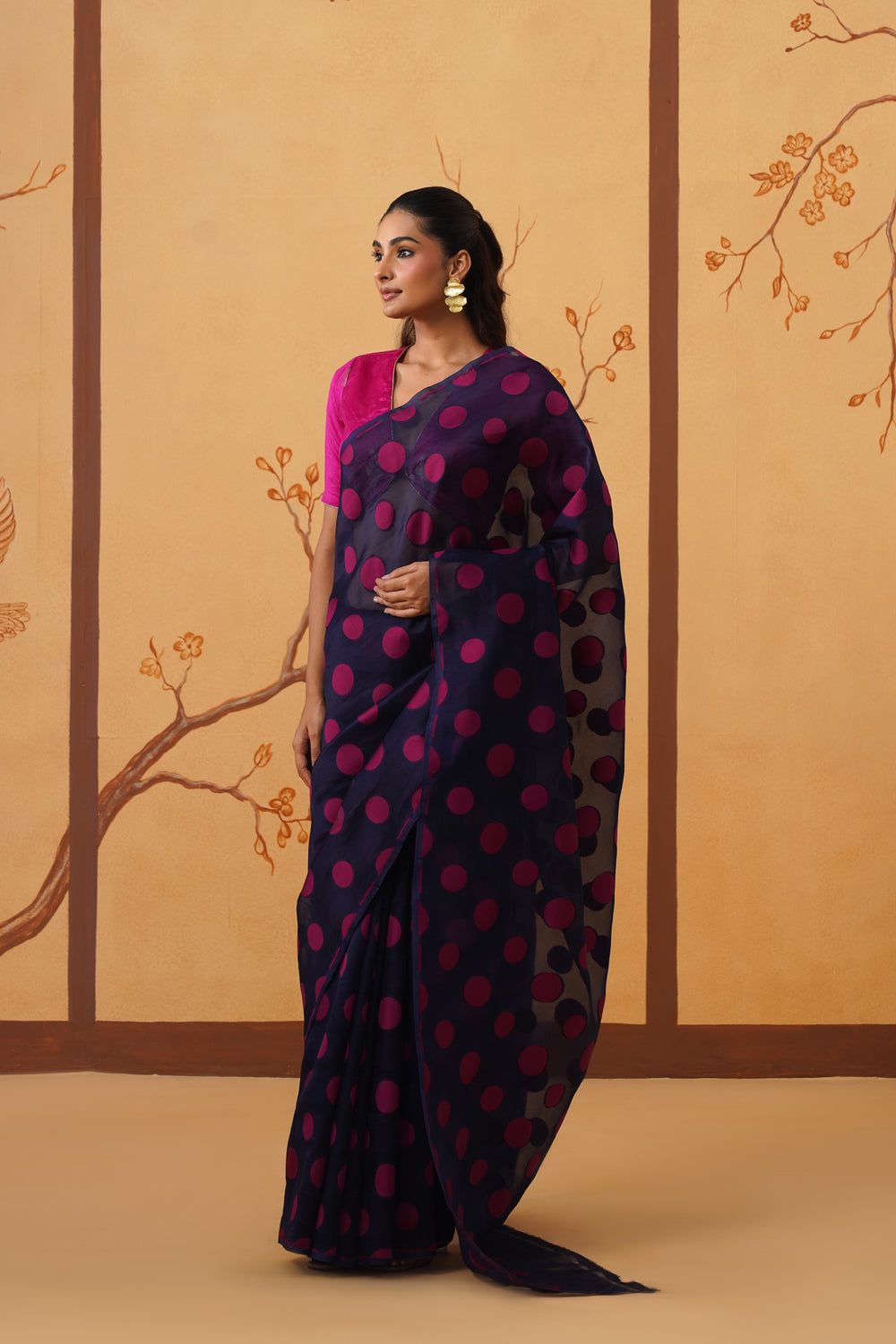 Midnight Blue Kora Organza Saree with Bold Polka Prints