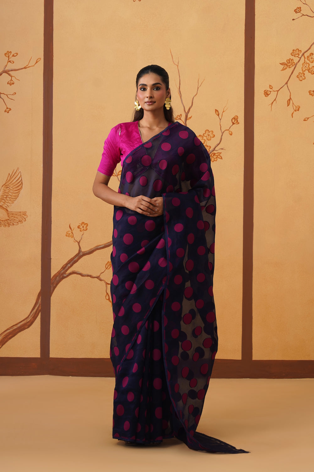 Midnight Blue Kora Organza Saree with Bold Polka Prints