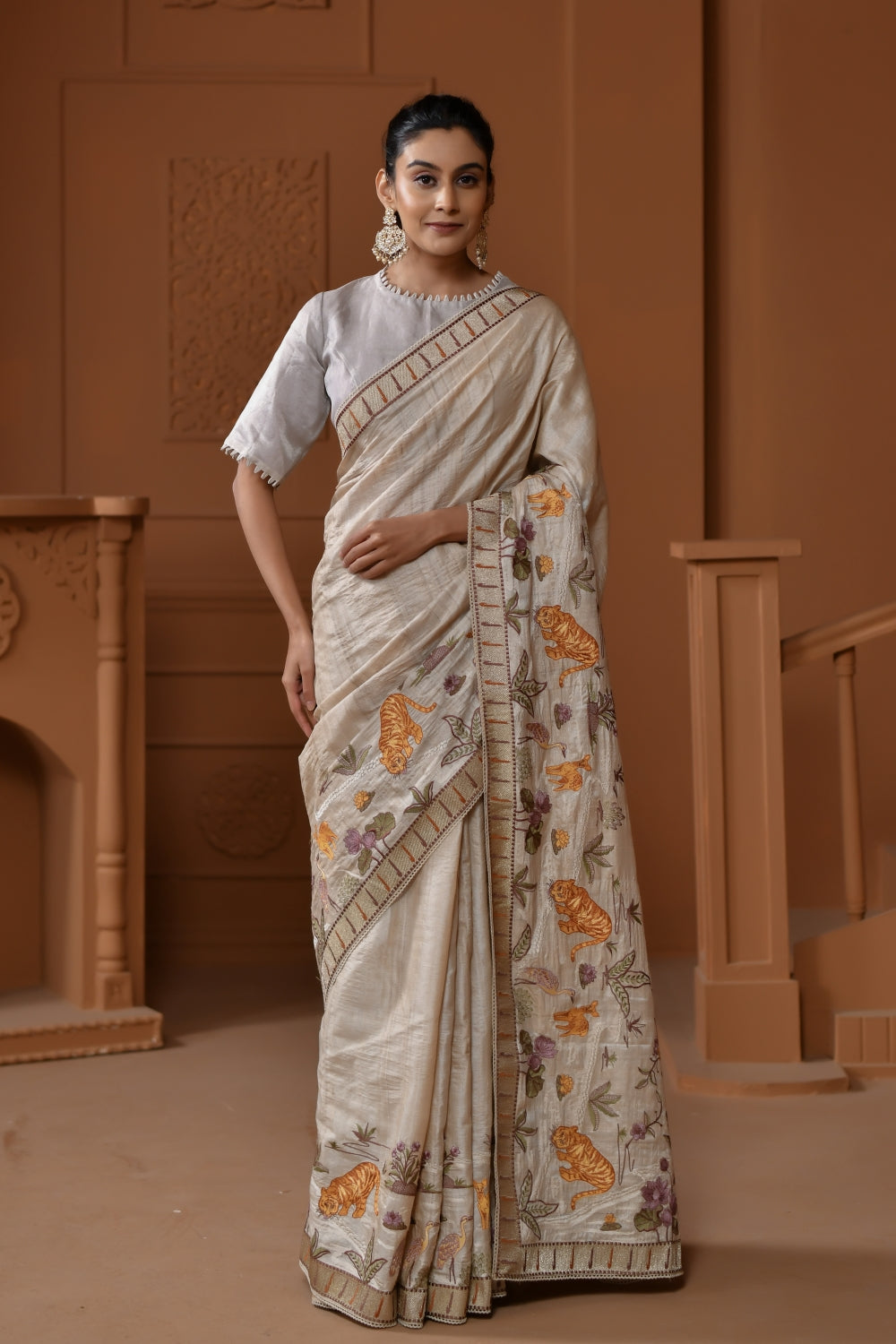 Naturally Textured Pure Tussar Silk with Shikargah Border