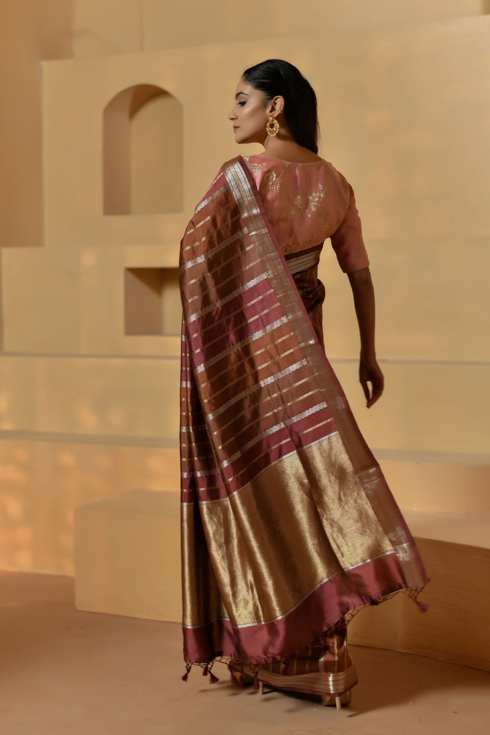 Pure Katan Silk in Deep Wine with Stripes-Banarasiya