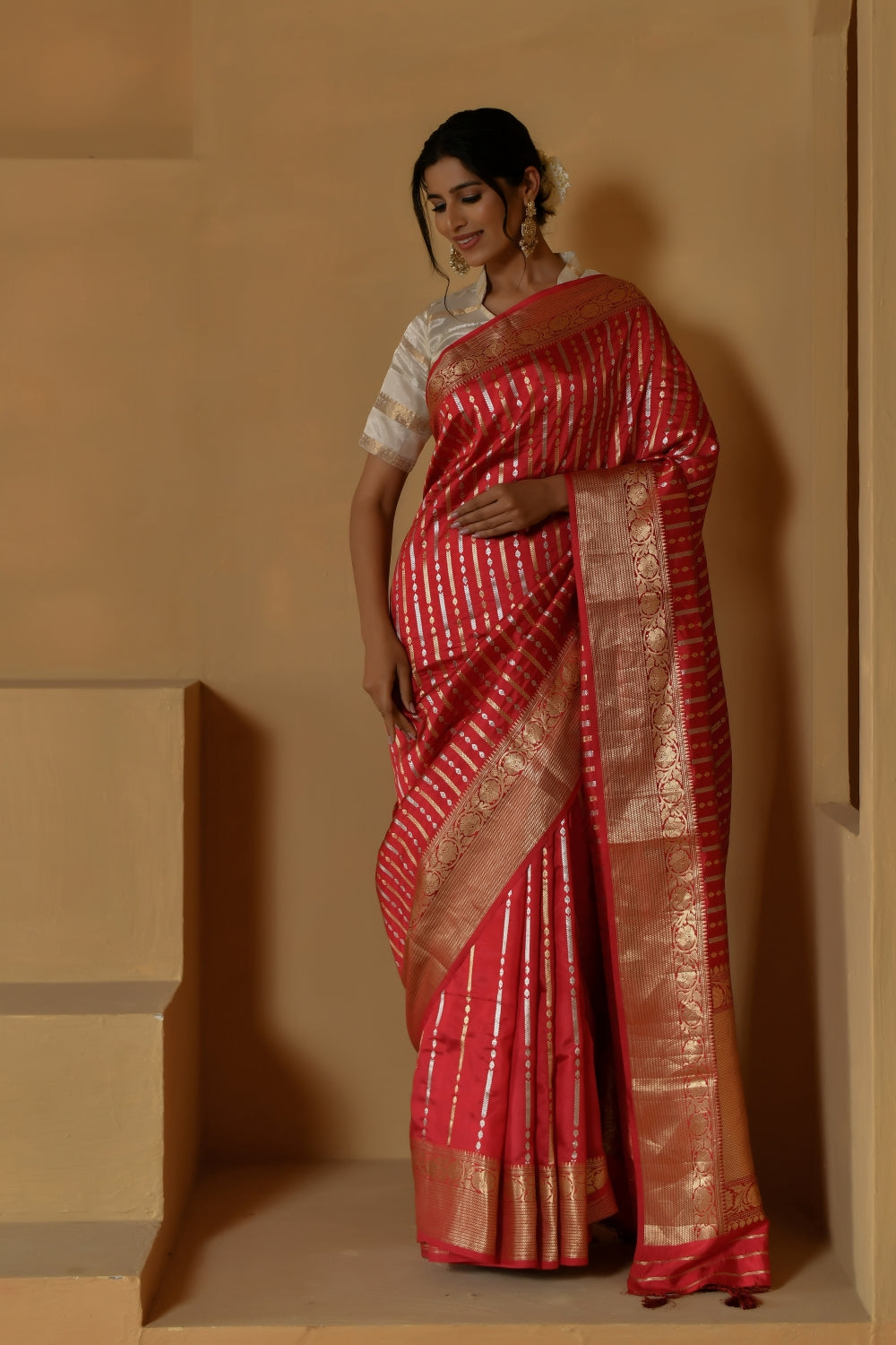 Pure Katan Silk in Red with Stripes Handloom Banarasi saree-Banarasiya