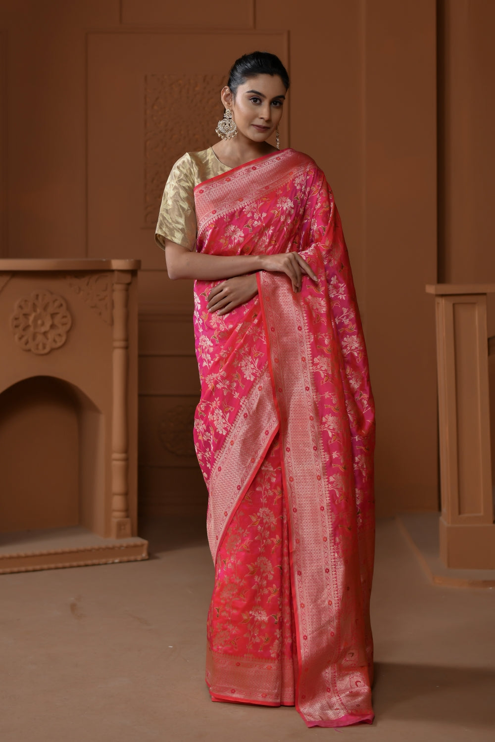 Pure Pink Katan Silk Saree with Floral Motifs-Banarasiya