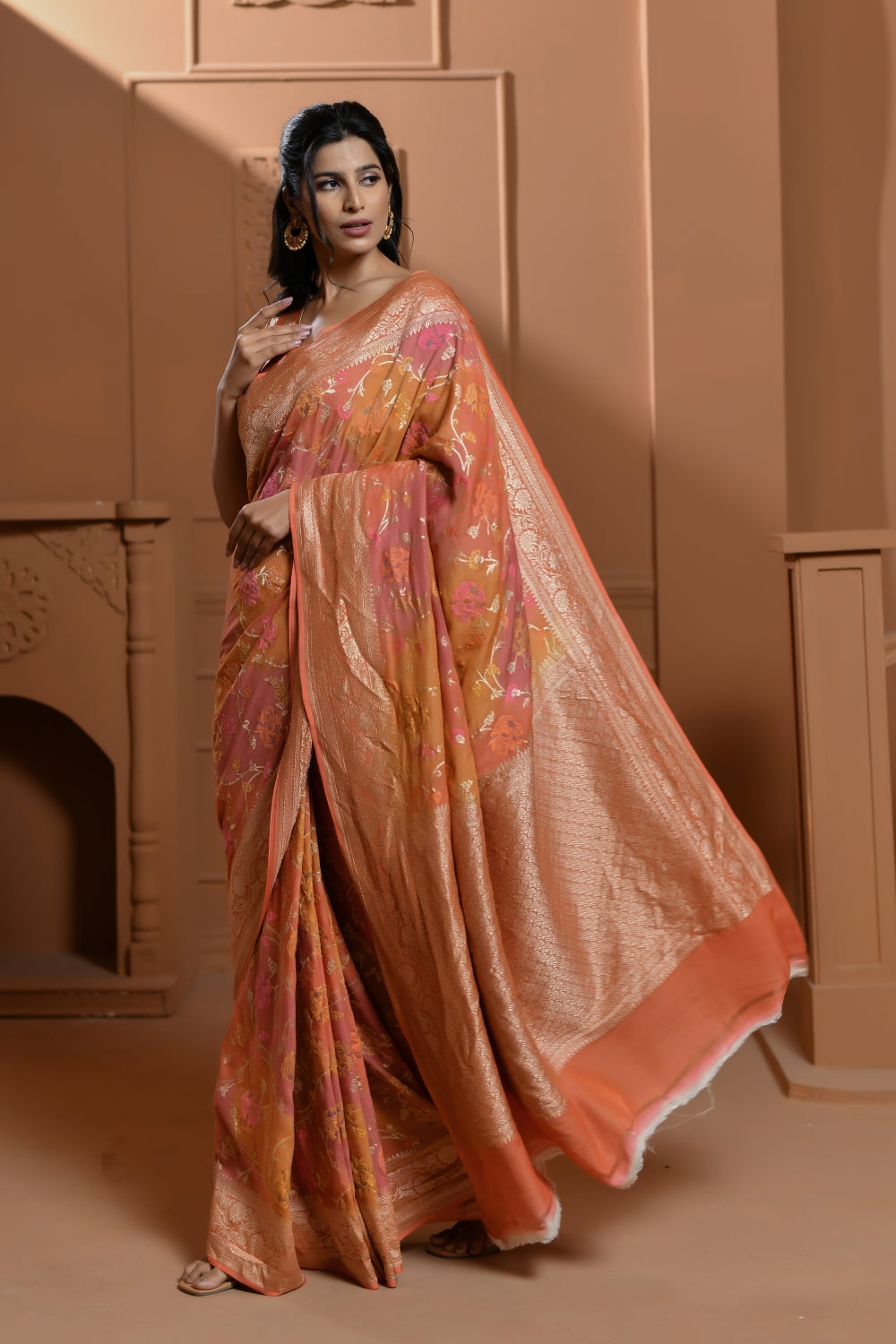 Pure Tussar Georgette in Soft-Peach with Meenakari Threadwork-Banarasiya
